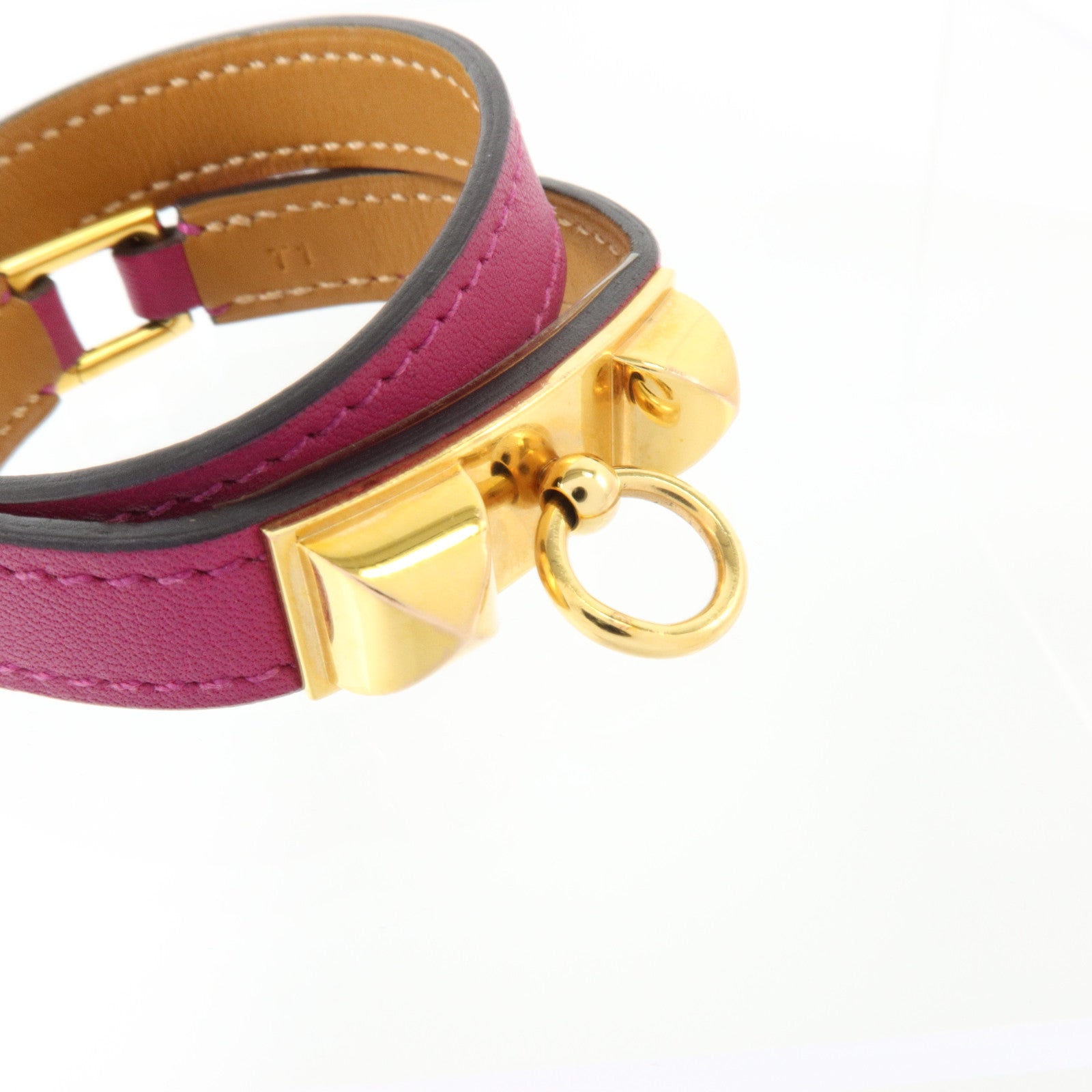 HERMES Swift皮革Rivale Double Tour Bangel金扣手鐲Rose Pourpre