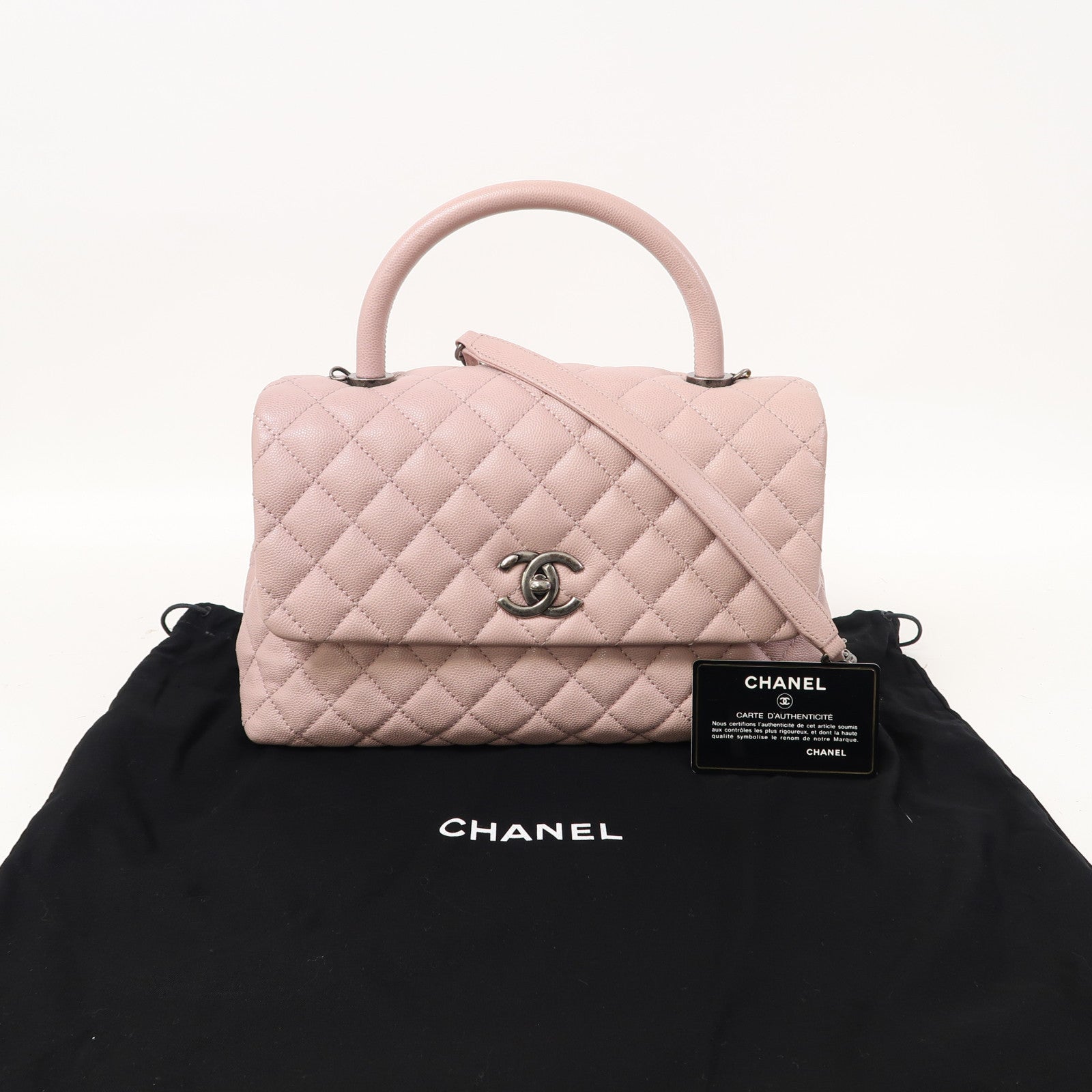 CHANEL 【激減優惠】菱格牛皮皮革Coco Handle銀扣手挽鏈帶肩背兩用袋粉紅色