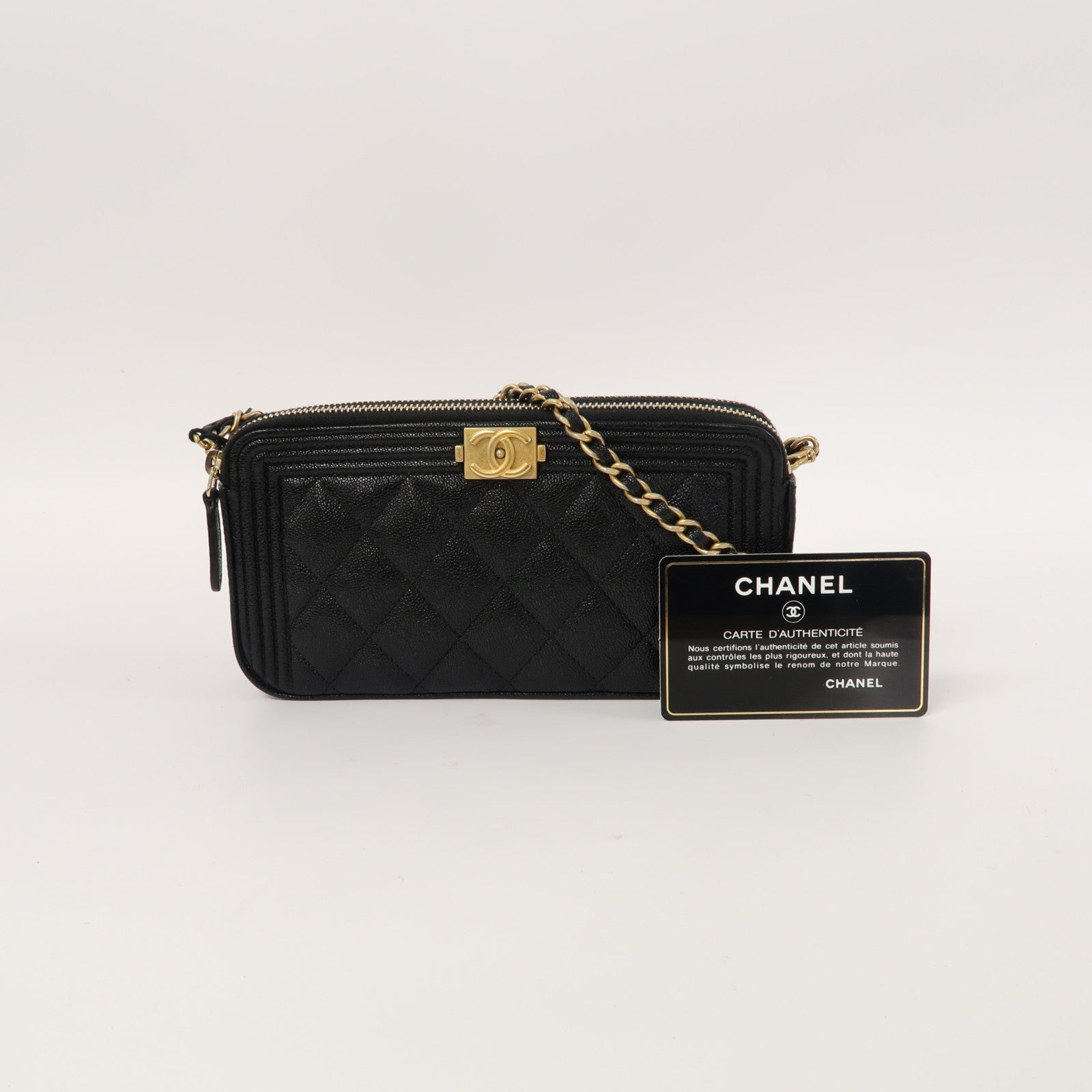 CHANEL 菱格牛皮皮革Boy Chanel WOC Double Zip Clutch金扣鏈帶肩背袋黑色