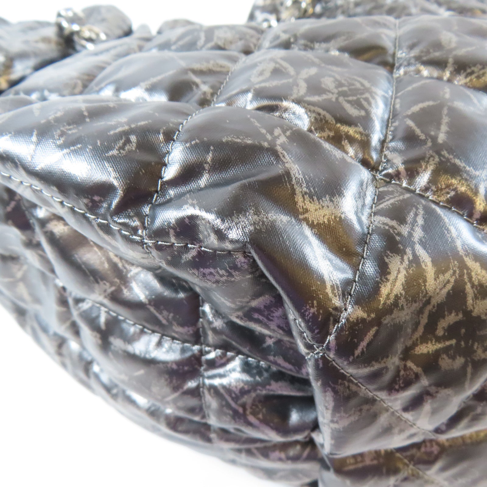 CHANEL 【激減優惠】菱格尼龍Handbag銀扣鏈帶肩背袋黑色/銀灰色
