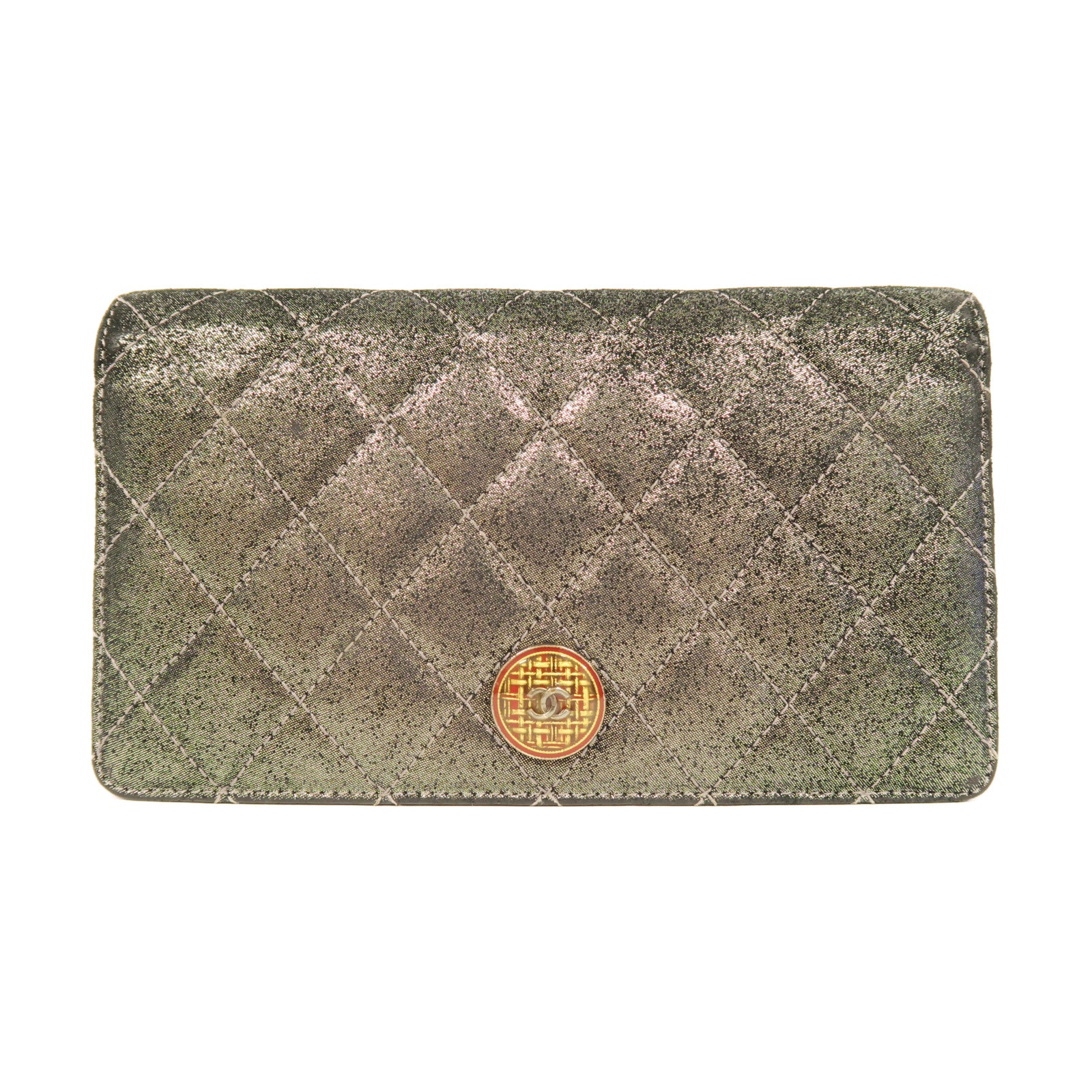 CHANEL 【激減優惠】菱格棉布/羊皮皮革Long Wallet銀扣長錢包銀灰色