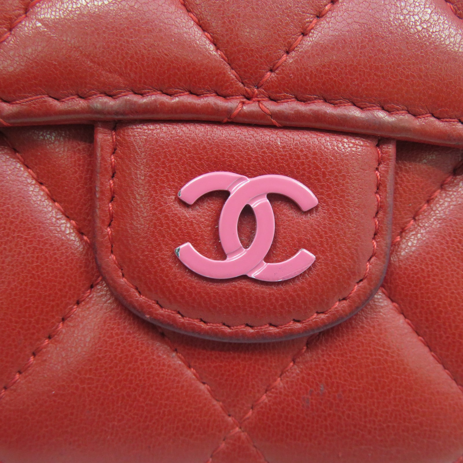 CHANEL 【清倉大減價】菱格羊皮皮革Coin Purse銀扣零錢包紅色