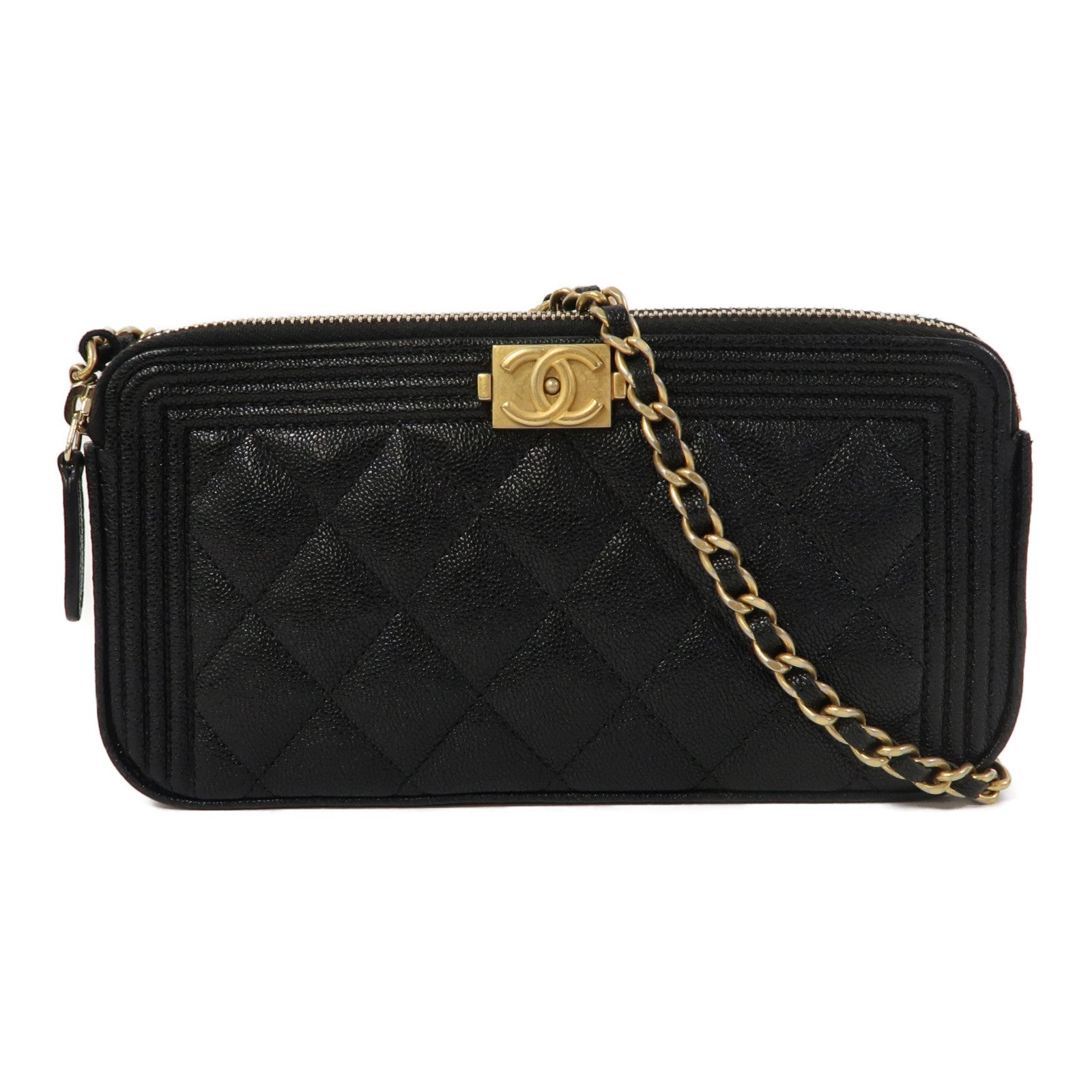 CHANEL 菱格牛皮皮革Boy Chanel WOC Double Zip Clutch金扣鏈帶肩背袋黑色