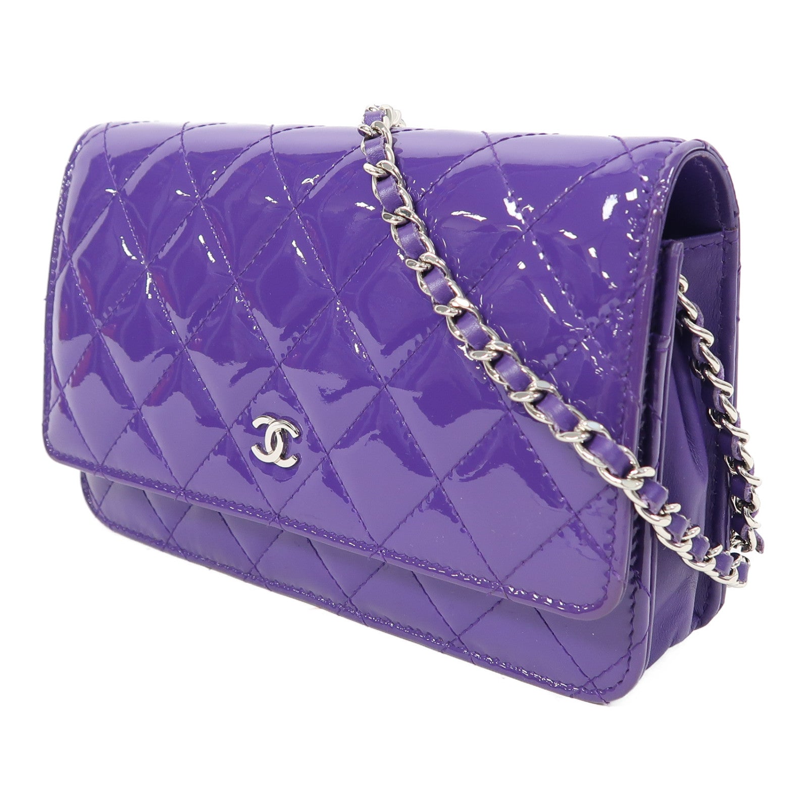 CHANEL 菱格漆皮皮革Wallet On Chain銀扣鏈帶肩背袋紫色