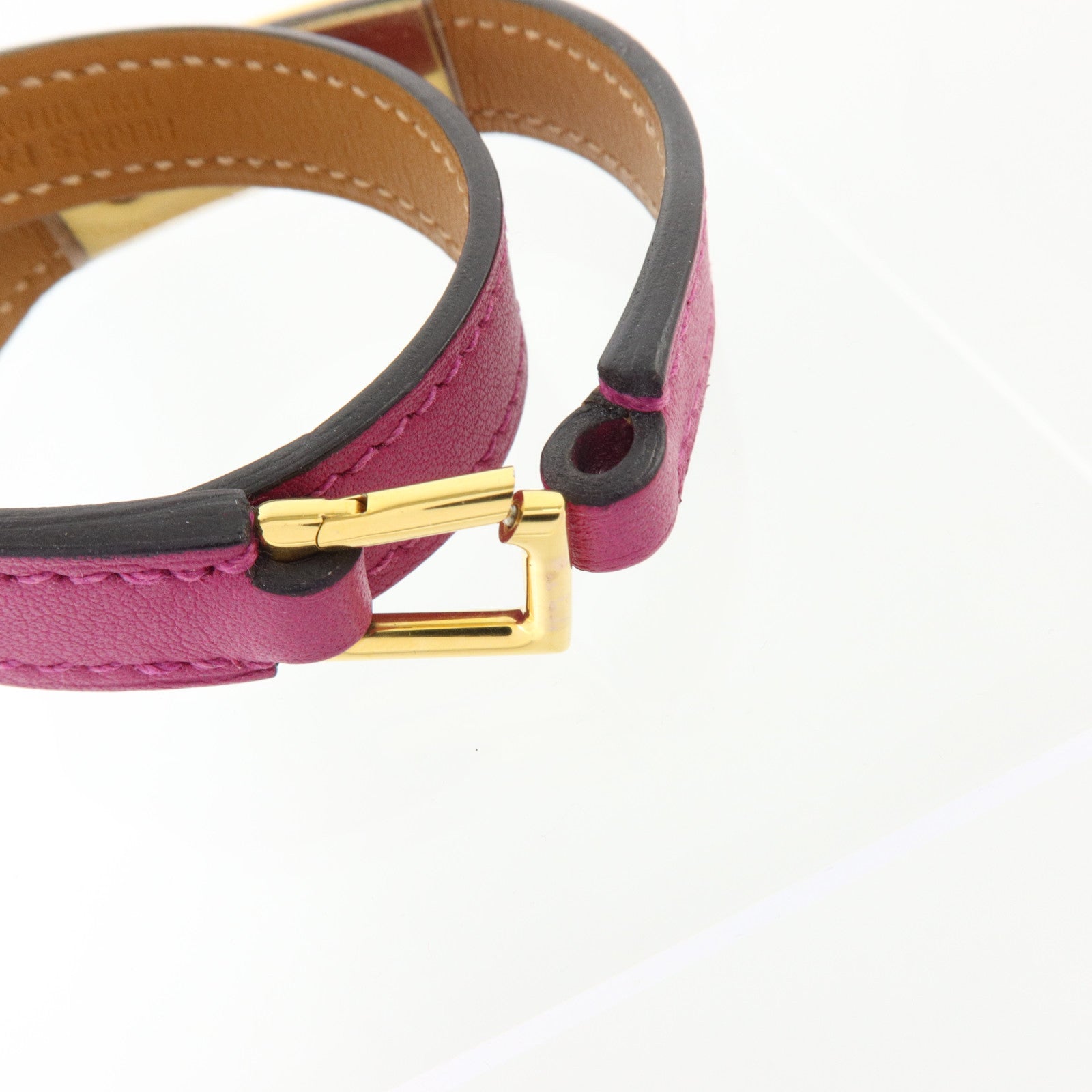 HERMES Swift皮革Rivale Double Tour Bangel金扣手鐲Rose Pourpre