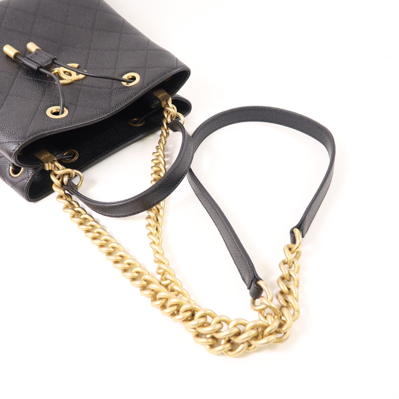 CHANEL 牛皮皮革Bucket Bag金扣鏈帶手挽肩背兩用袋