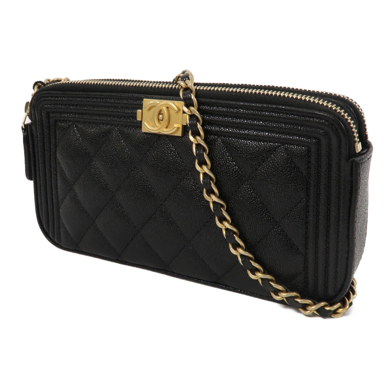 CHANEL 菱格牛皮皮革Boy Chanel WOC Double Zip Clutch金扣鏈帶肩背袋黑色