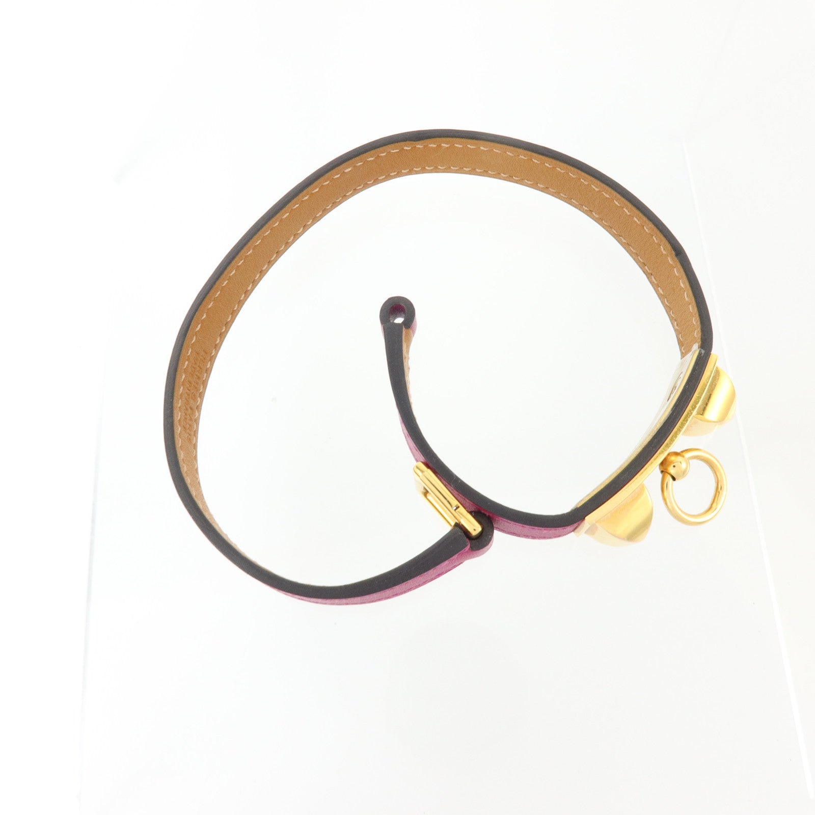 HERMES Swift皮革Rivale Double Tour Bangel金扣手鐲Rose Pourpre