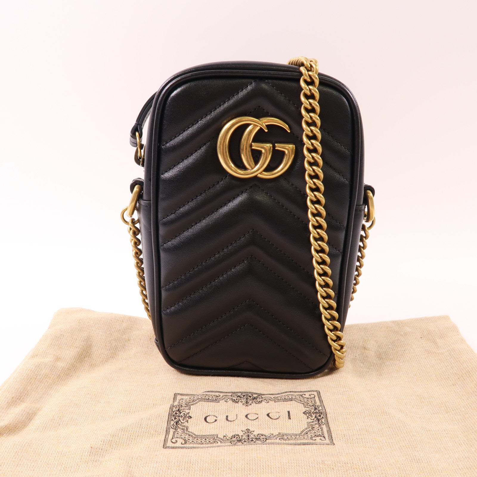 GUCCI 牛皮皮革GG Marnont Mini Bag金扣鏈帶肩背袋黑色