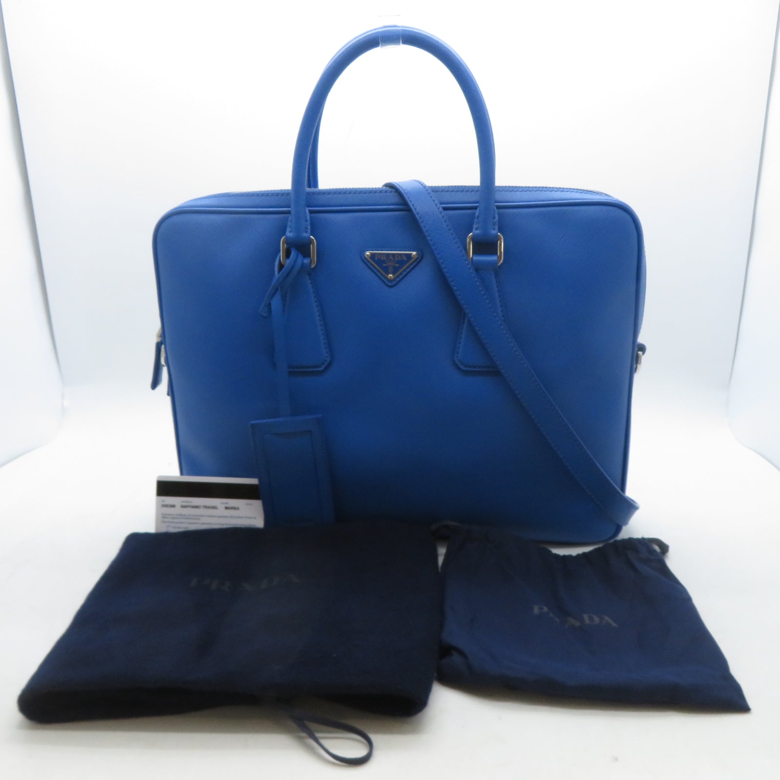 PRADA 【激減優惠】Saffiano皮革Business Bag銀扣公事包藍色