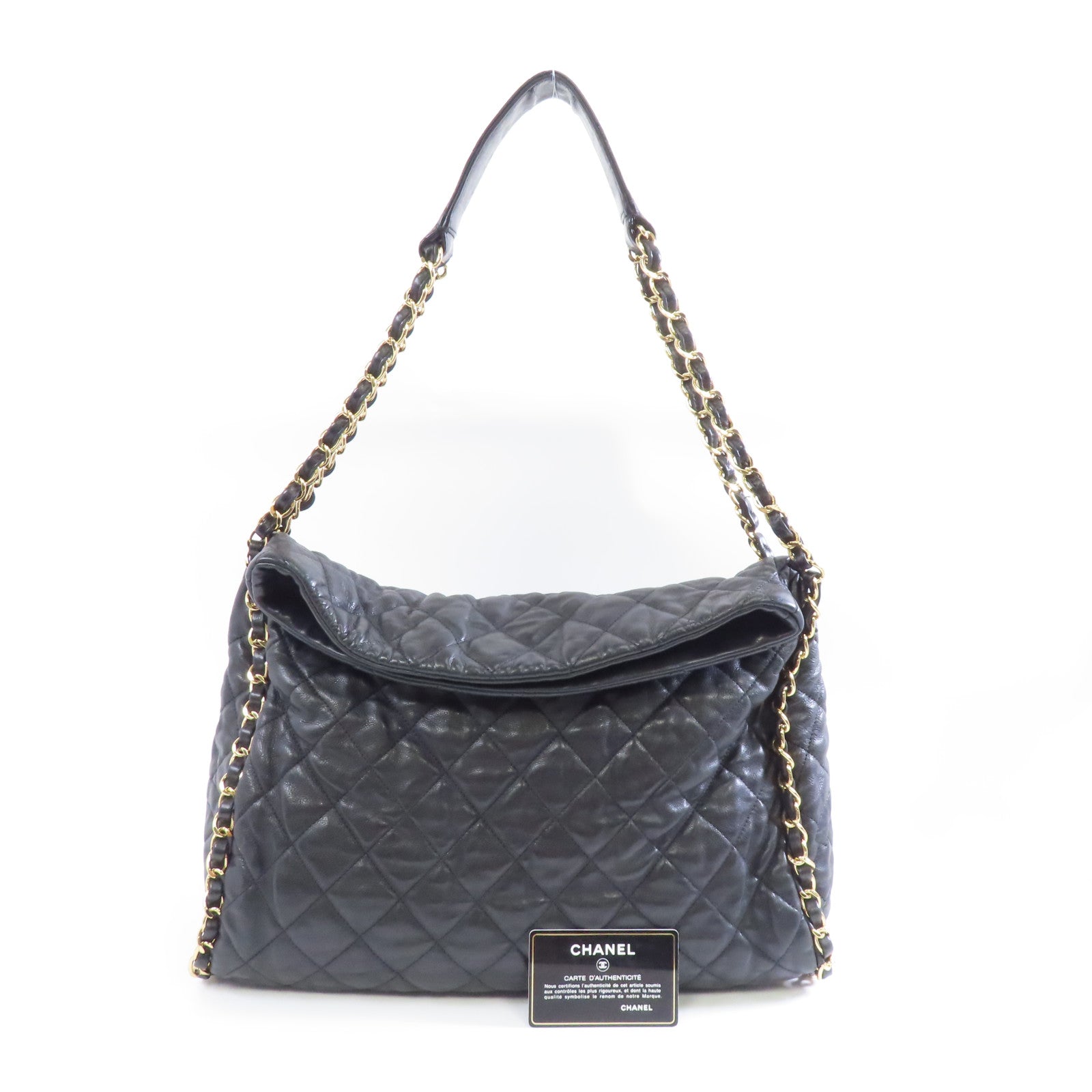 CHANEL 菱格牛皮皮革Shoulder Bag金扣鏈帶肩背袋黑色