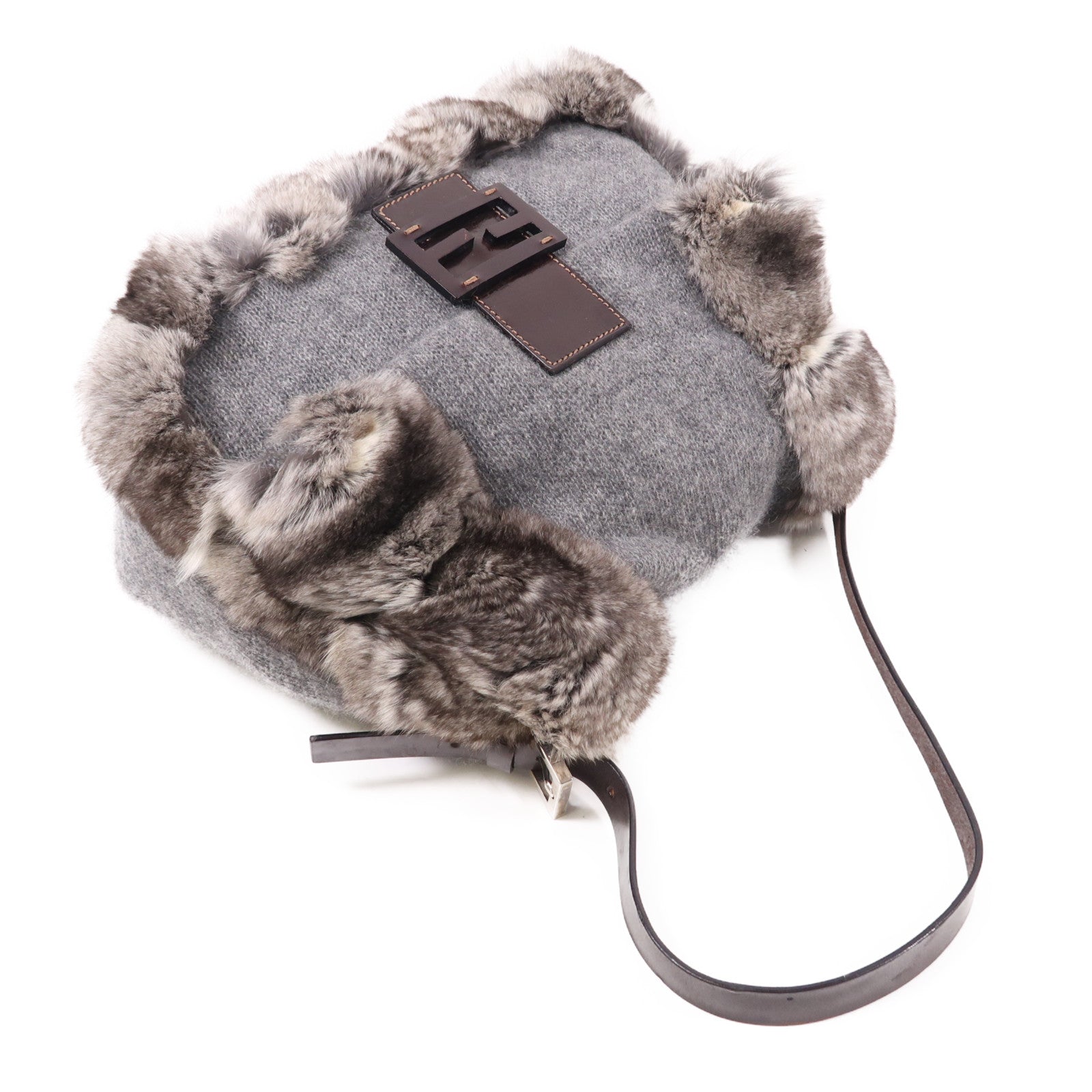 FENDI 羊毛/兔毛Baguette銀扣肩背袋