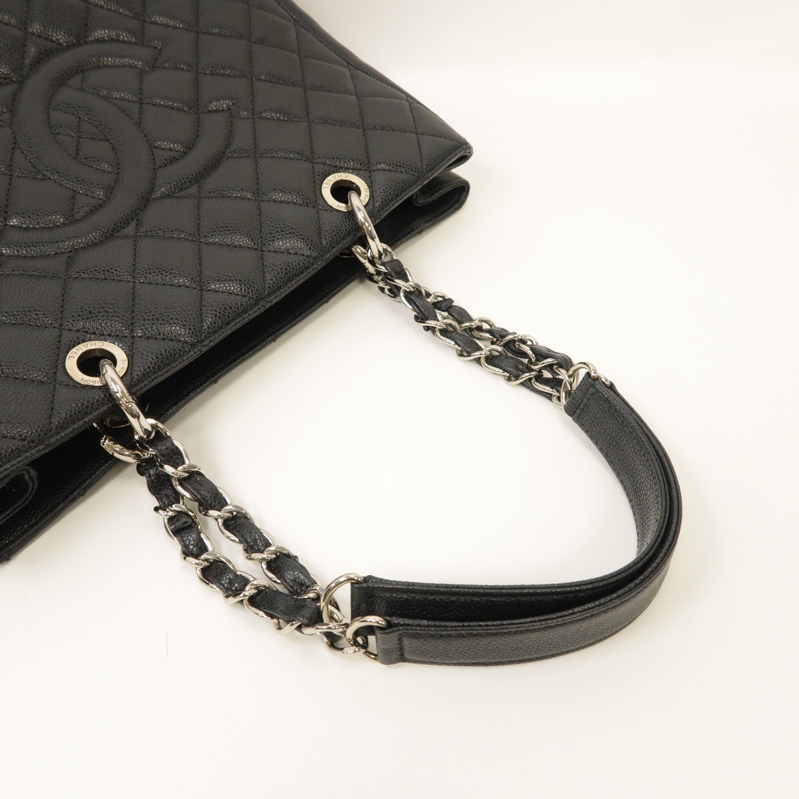 CHANEL 菱格牛皮皮革Grand Shopping Tote Bag銀扣手挽袋黑色