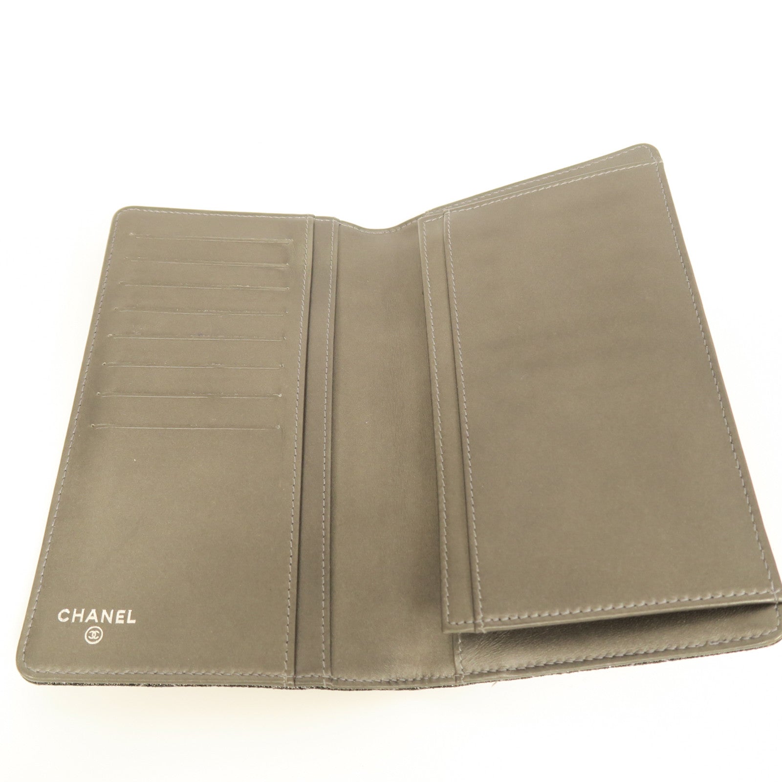 CHANEL 【激減優惠】菱格棉布/羊皮皮革Long Wallet銀扣長錢包銀灰色