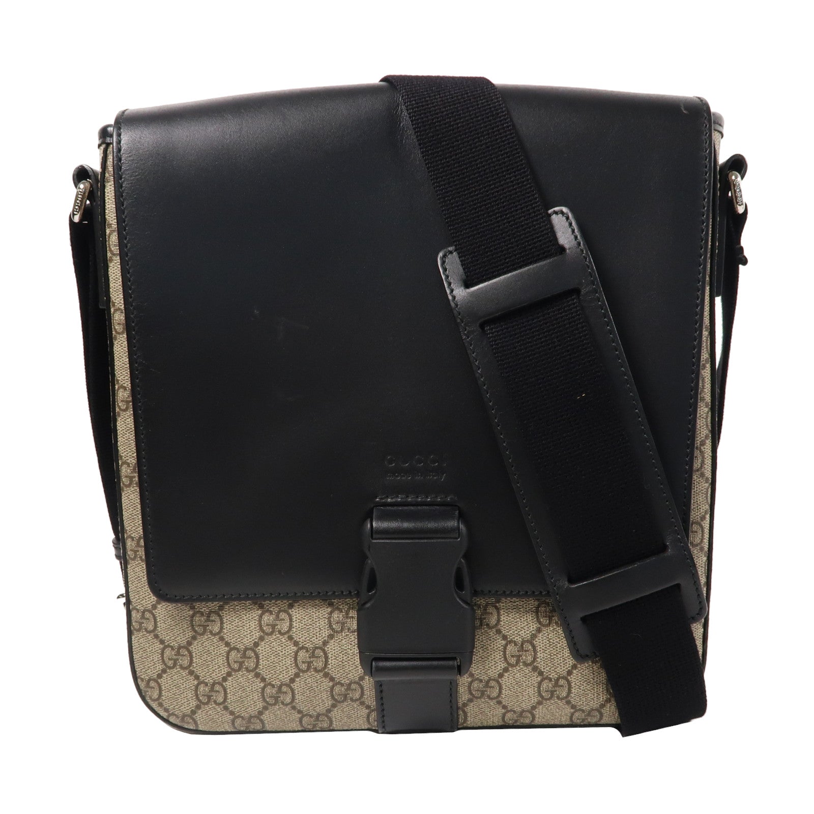 GUCCI 【激減優惠】塗層帆布Shoulder Bag銀扣肩背袋米色/黑色