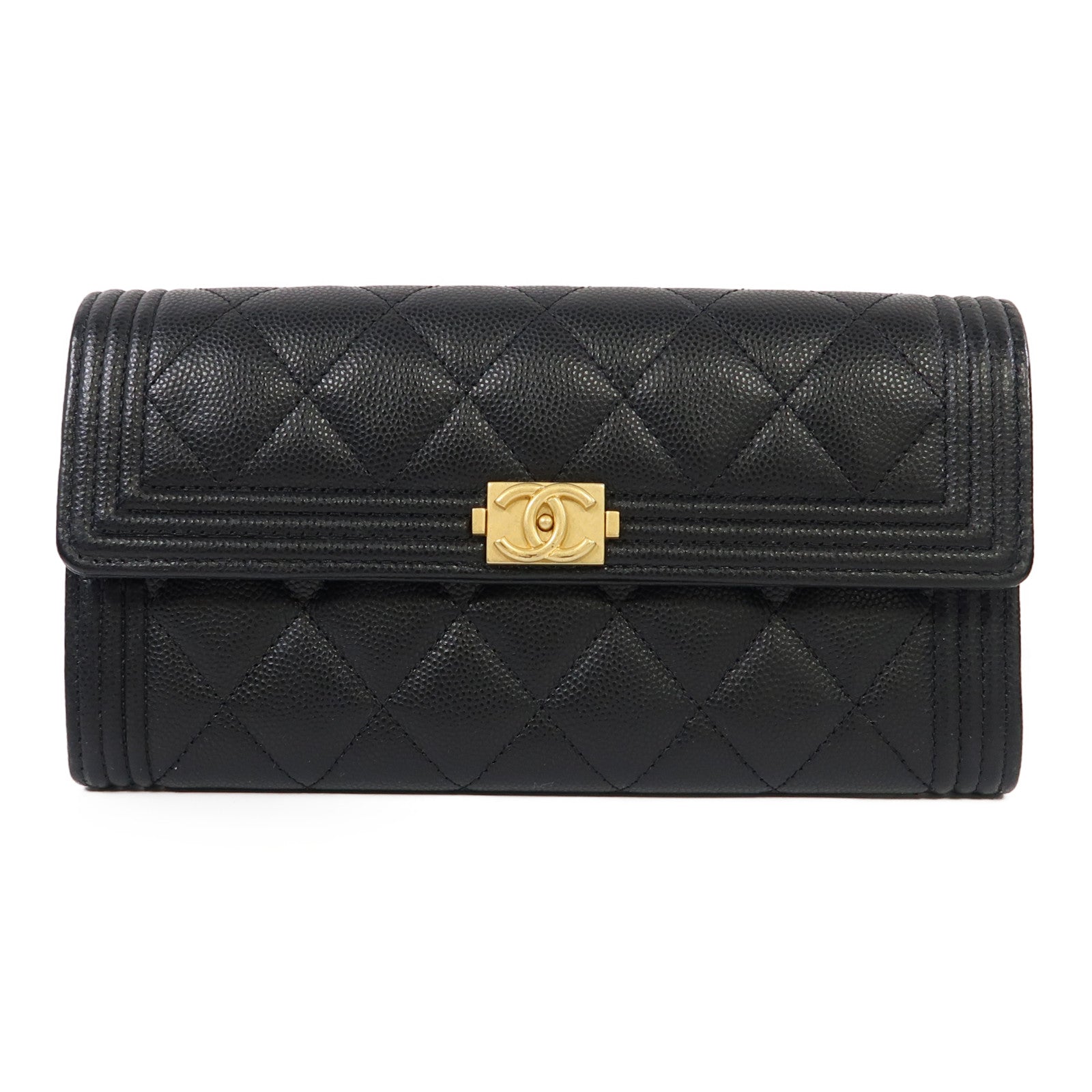 CHANEL 菱格牛皮皮革Boy Long Wallet金扣長錢包黑色