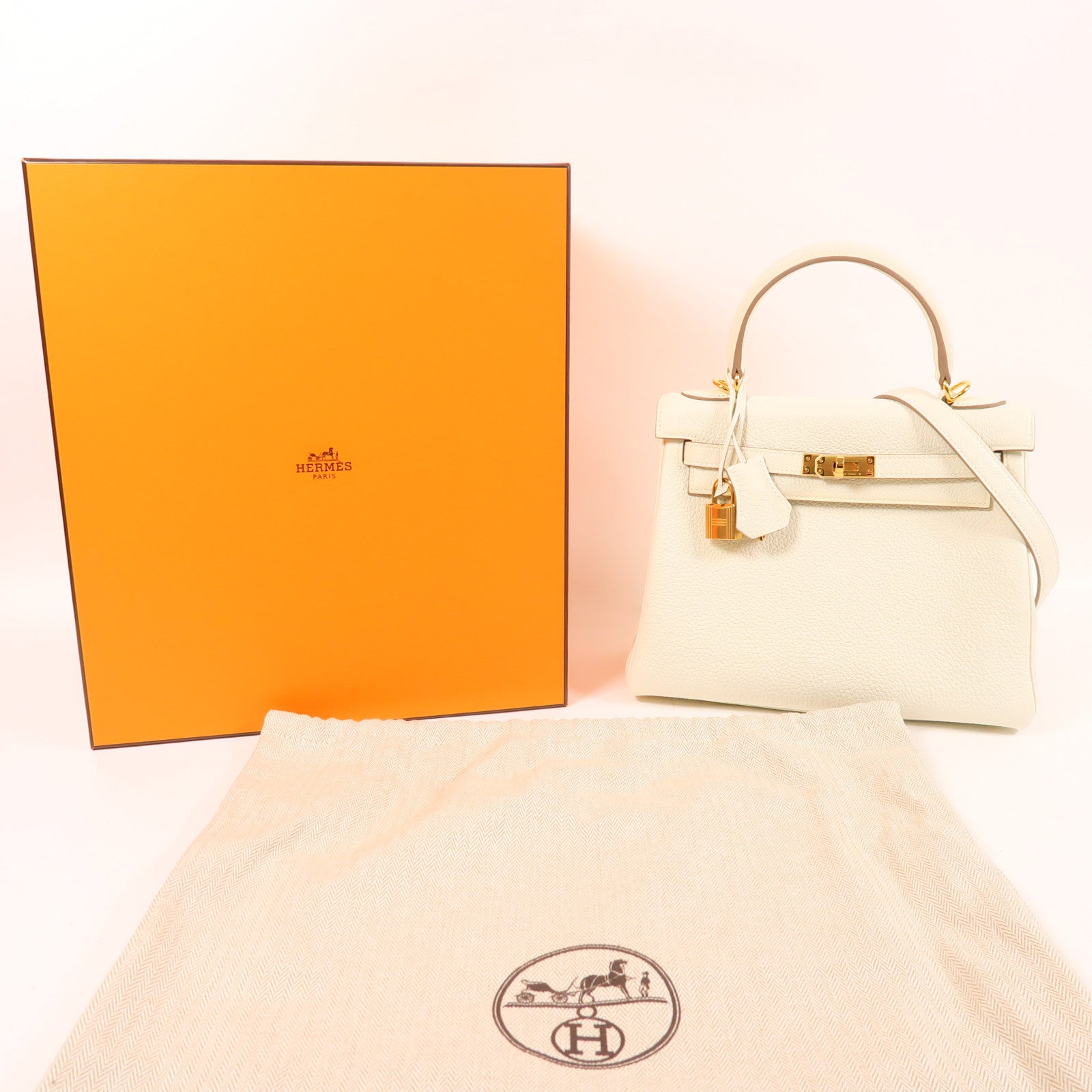 HERMES Togo皮革Kelly 25金扣手挽肩背兩用袋蘑菇白色
