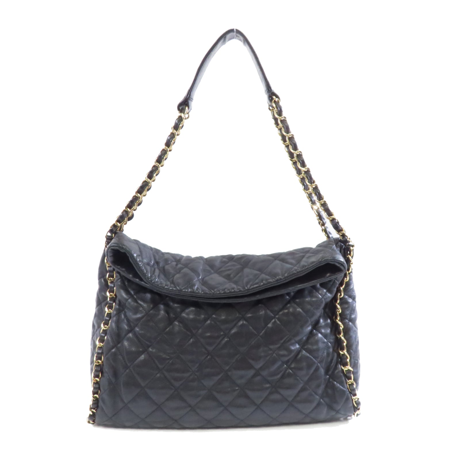 CHANEL 菱格牛皮皮革Shoulder Bag金扣鏈帶肩背袋黑色