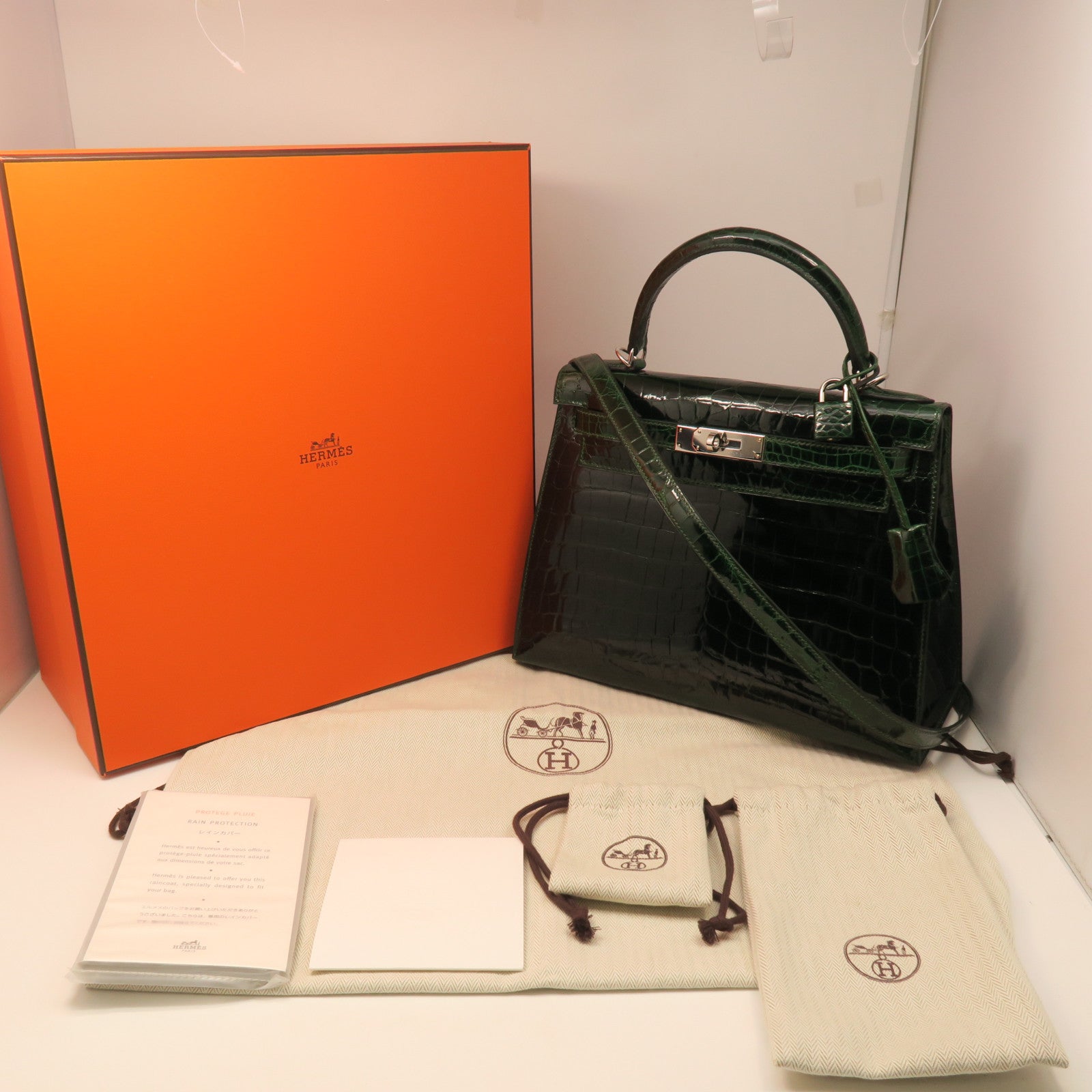 HERMES crocodile leather Sac Kelly II Sellier 28 silver buckle handle bag crocodile army green