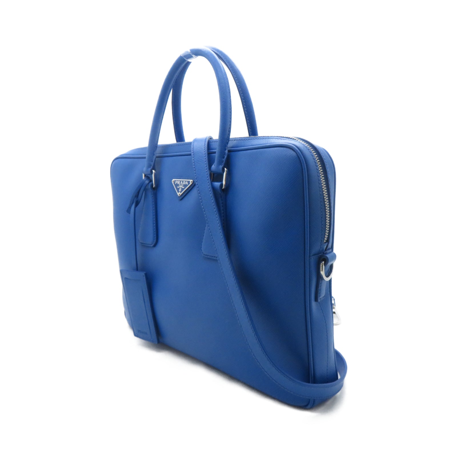 PRADA 【激減優惠】Saffiano皮革Business Bag銀扣公事包藍色