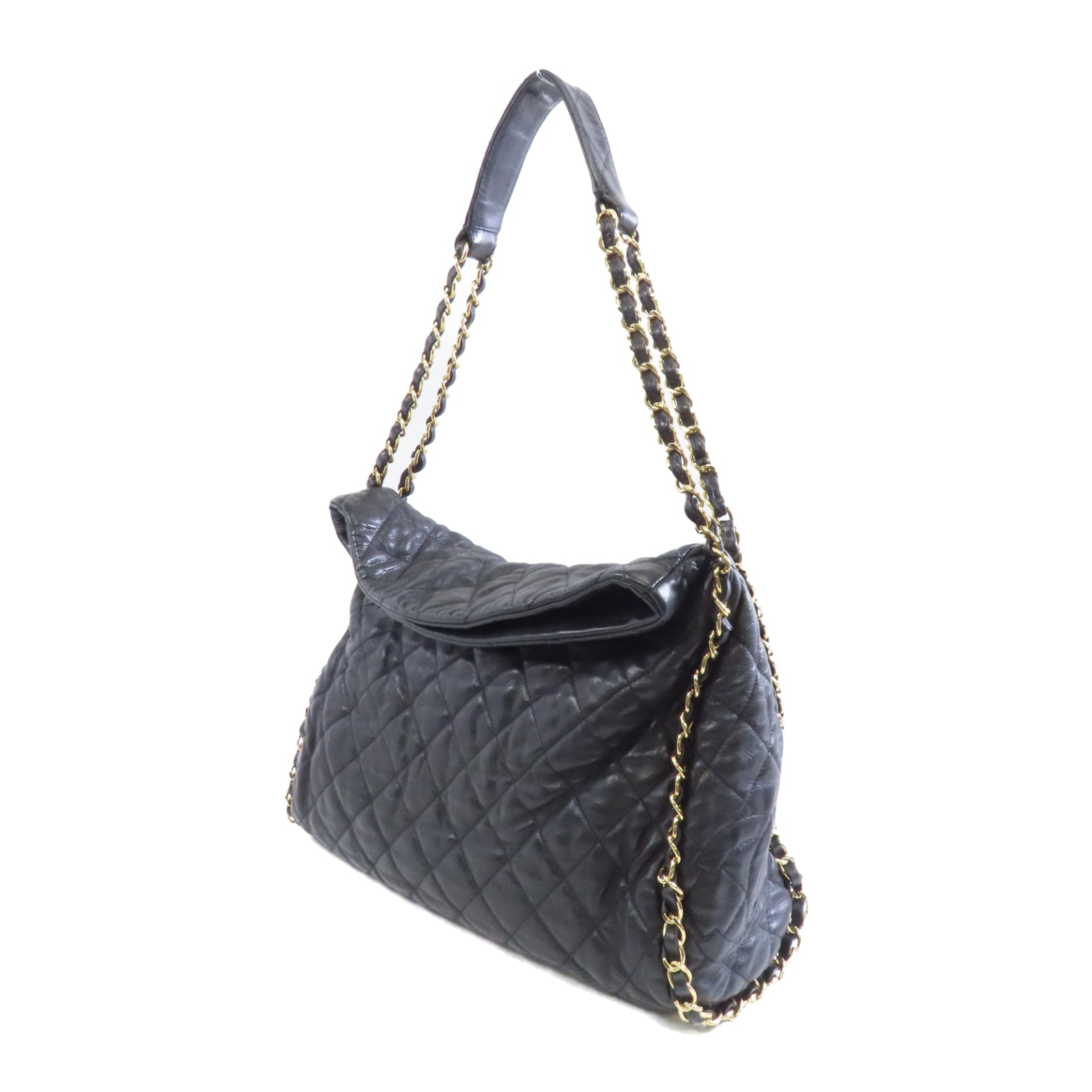 CHANEL 菱格牛皮皮革Shoulder Bag金扣鏈帶肩背袋黑色