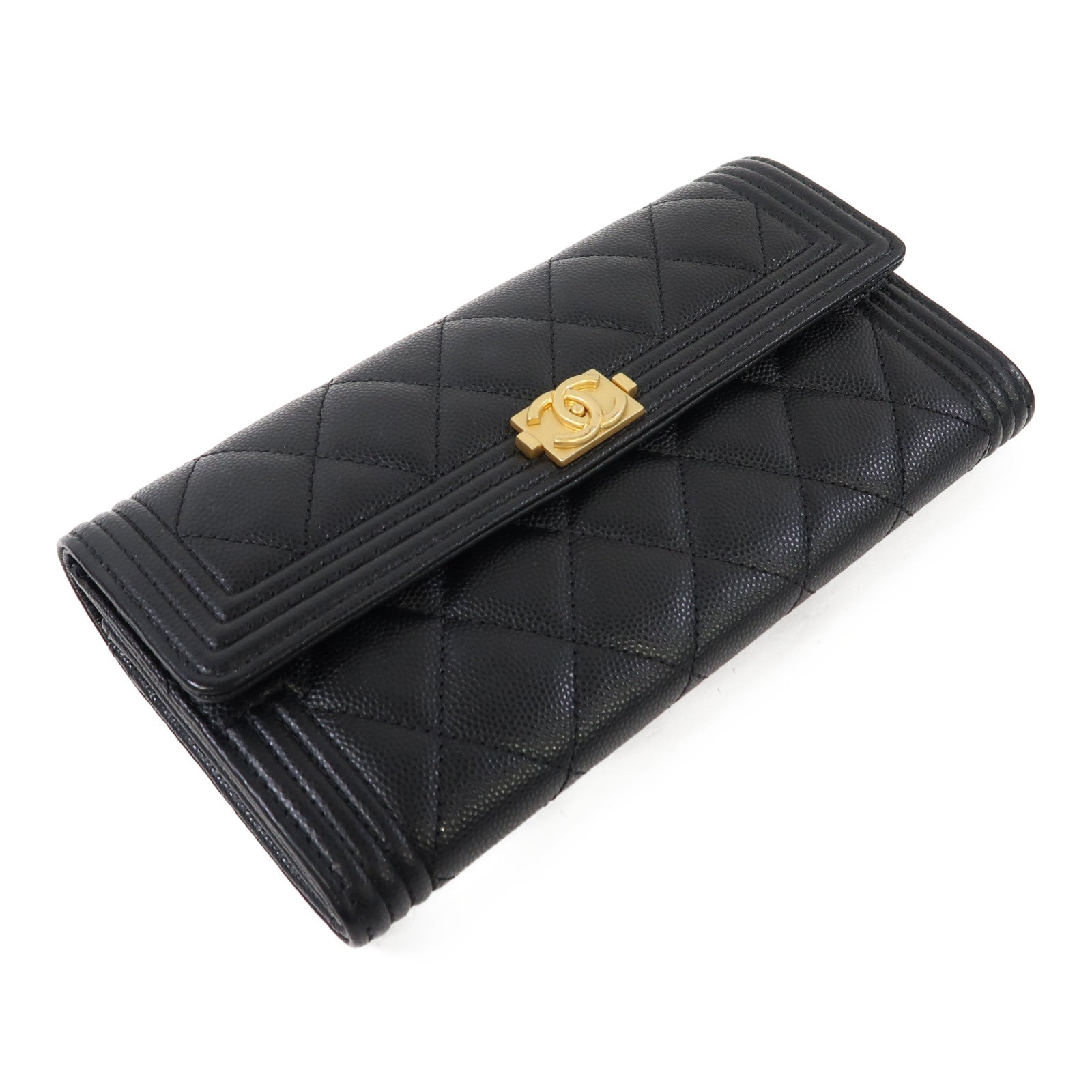 CHANEL 菱格牛皮皮革Boy Long Wallet金扣長錢包黑色