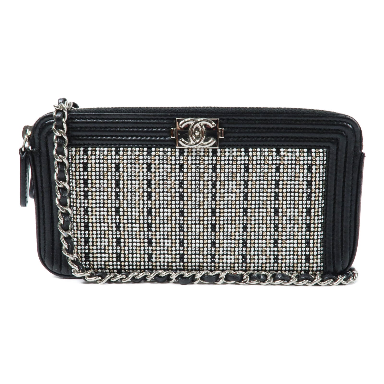 CHANEL 牛皮皮革Boy Double Zip Clutch Bag銀扣鏈帶肩背袋