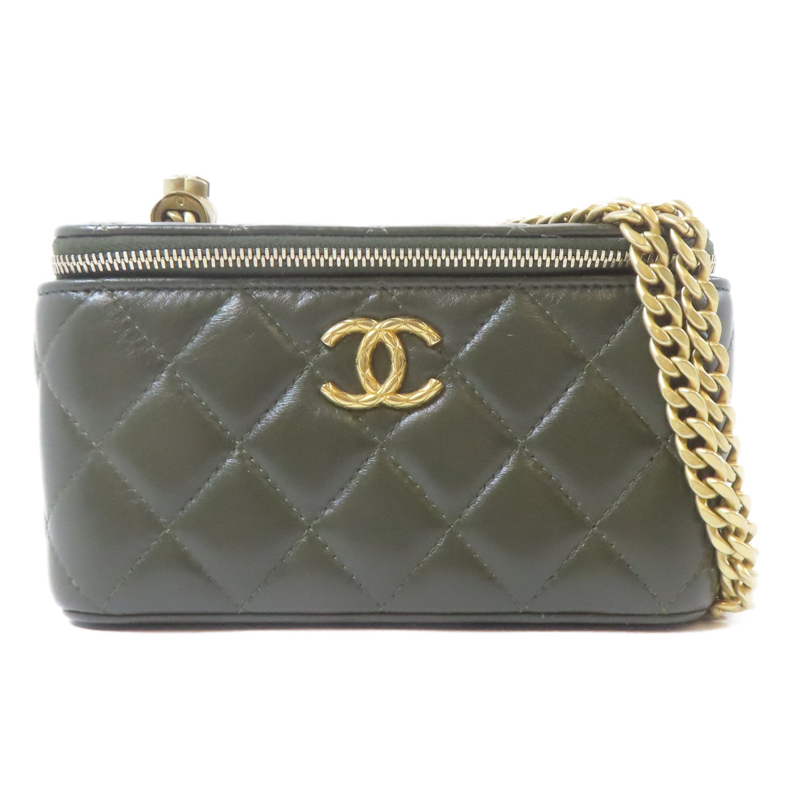 CHANEL 菱格羊皮皮革Vanity Bag金扣鏈帶肩背袋綠色