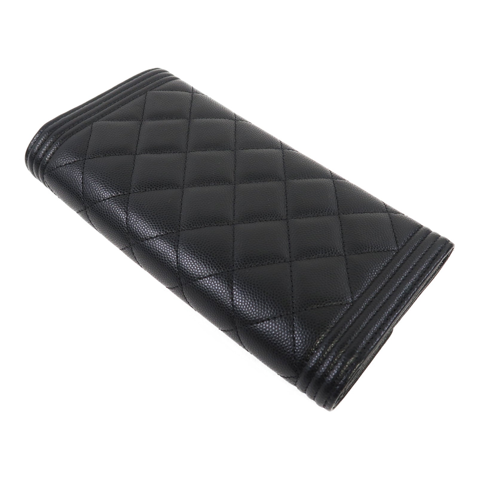 CHANEL 菱格牛皮皮革Boy Long Wallet金扣長錢包黑色