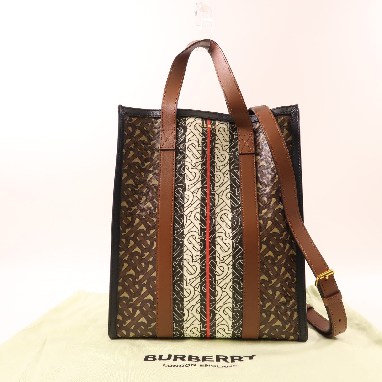 BURBERRY 塗層帆布/皮革2 Way Shoulder Tote金扣手挽肩背兩用袋棕色/白色