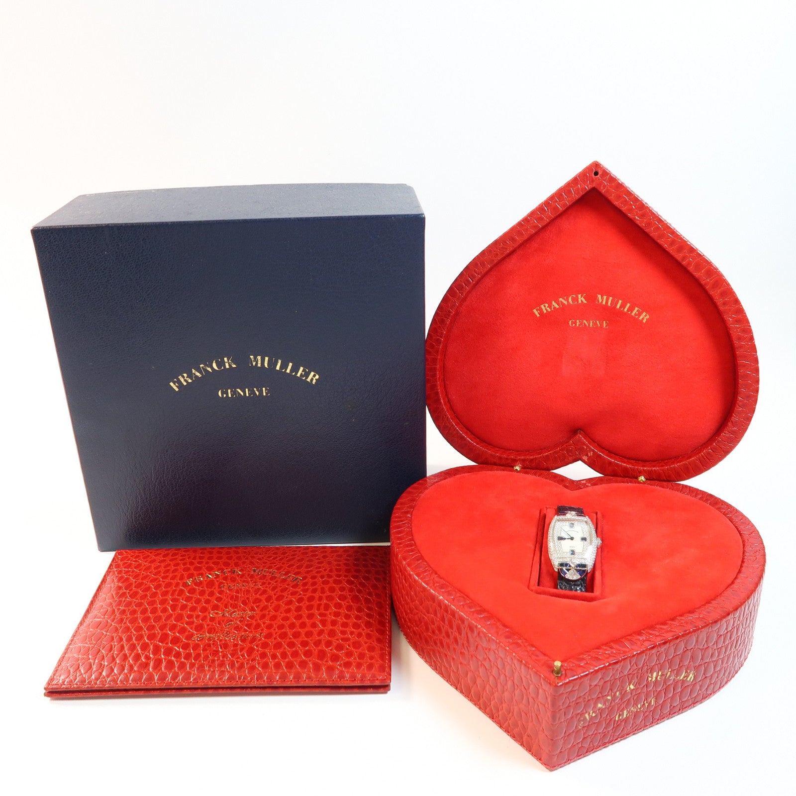 FRANCK MULLER Sapphire Diamond Watch 18K白金/皮革帶手錶手動機芯珍珠色