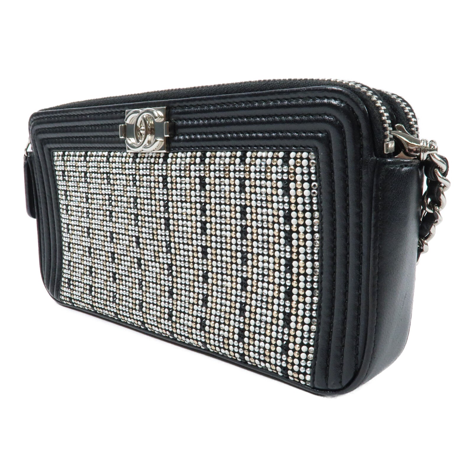 CHANEL 牛皮皮革Boy Double Zip Clutch Bag銀扣鏈帶肩背袋