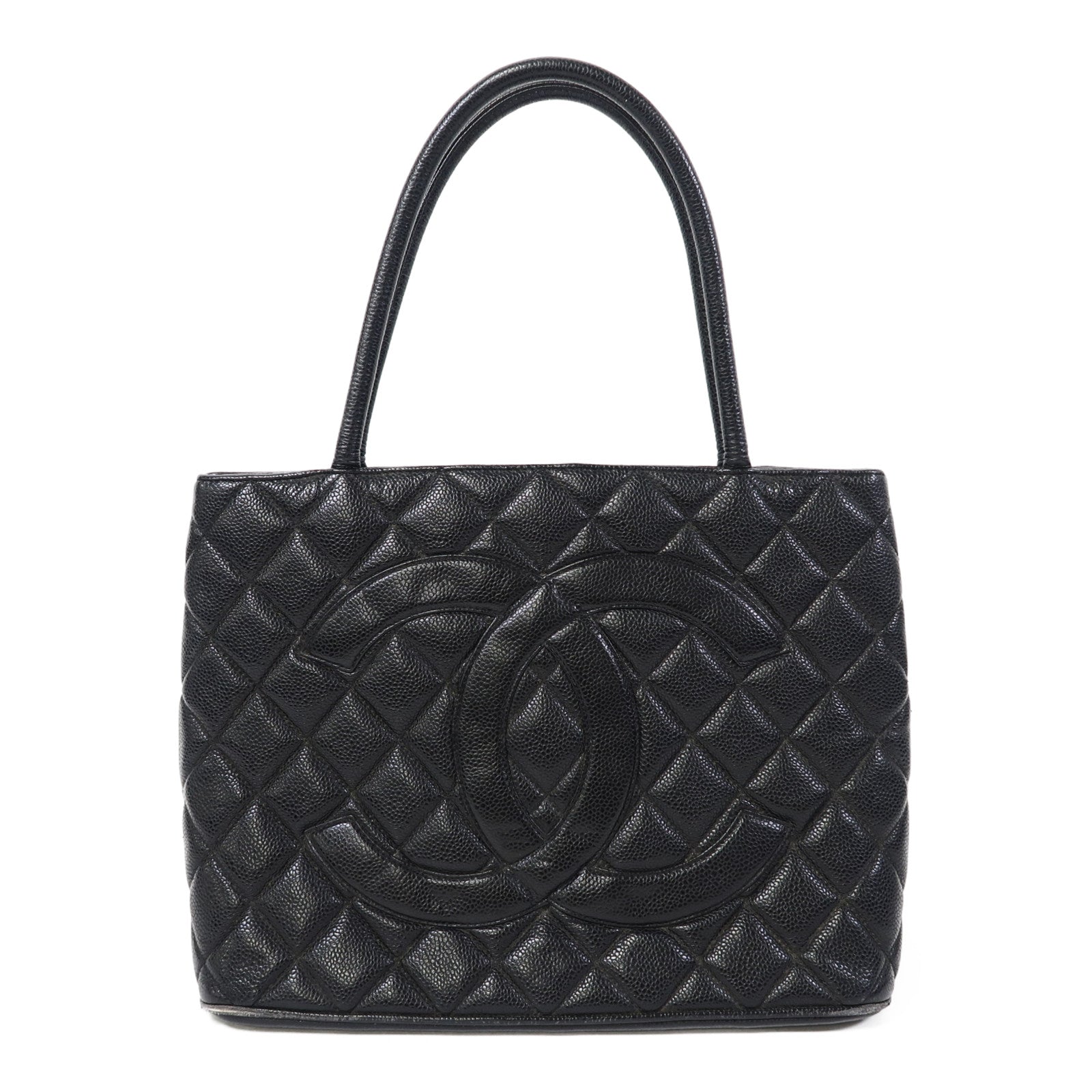 CHANEL 菱格Caviar皮革Vintage Medallion Tote銀扣肩背袋黑色