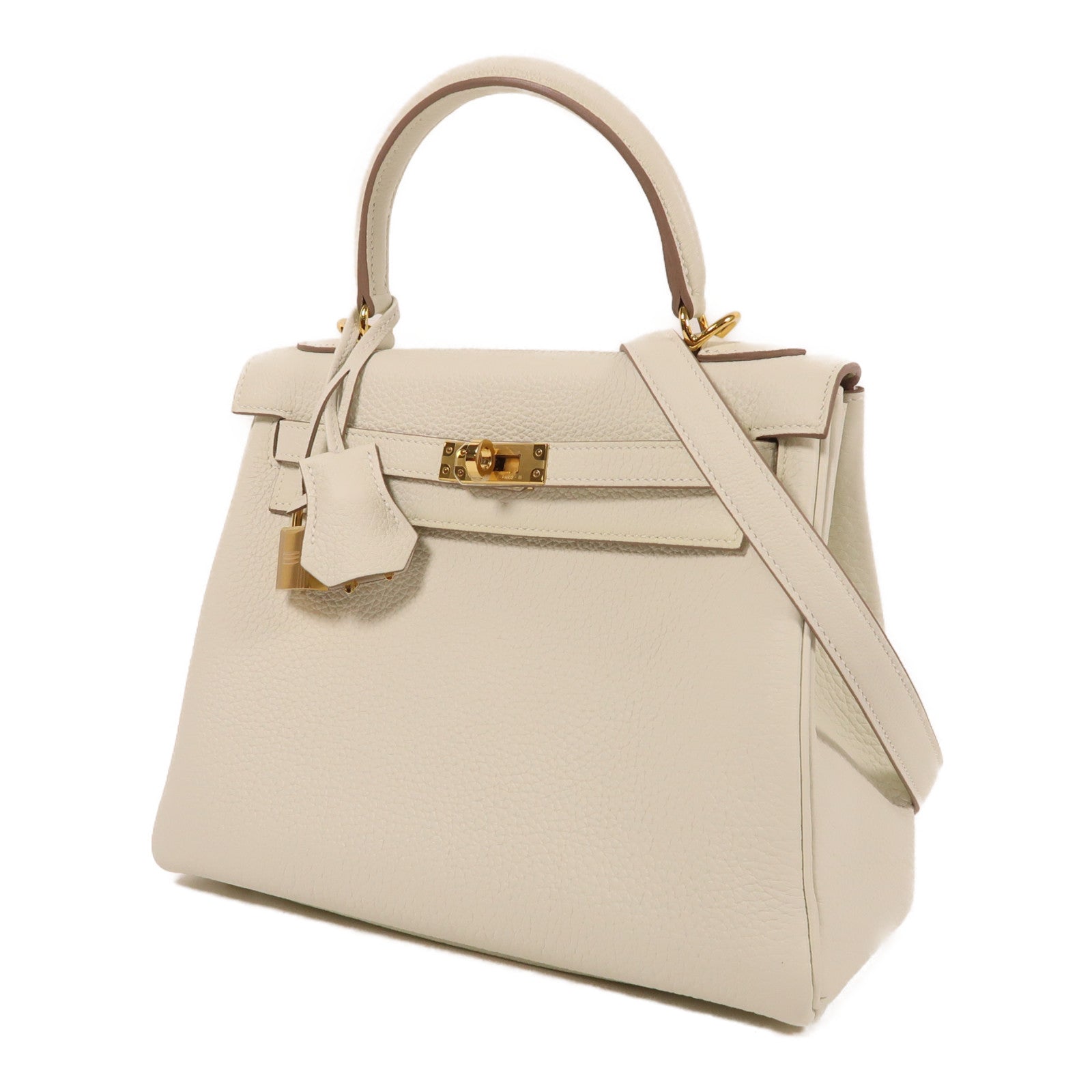 HERMES Togo皮革Kelly 25金扣手挽肩背兩用袋蘑菇白色