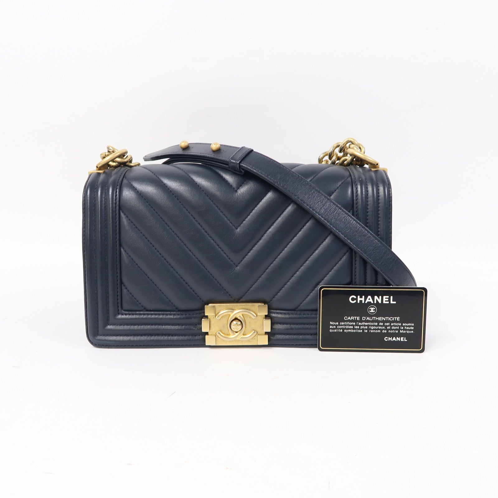 CHANEL 斜紋羊皮皮革Boy金扣鏈帶肩背袋藍色