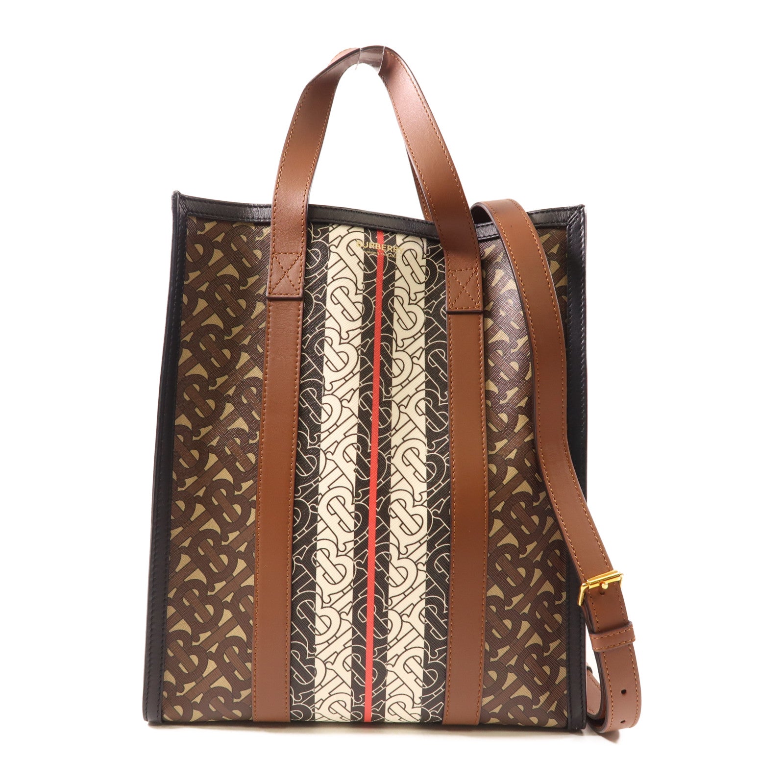 BURBERRY 塗層帆布/皮革2 Way Shoulder Tote金扣手挽肩背兩用袋棕色/白色