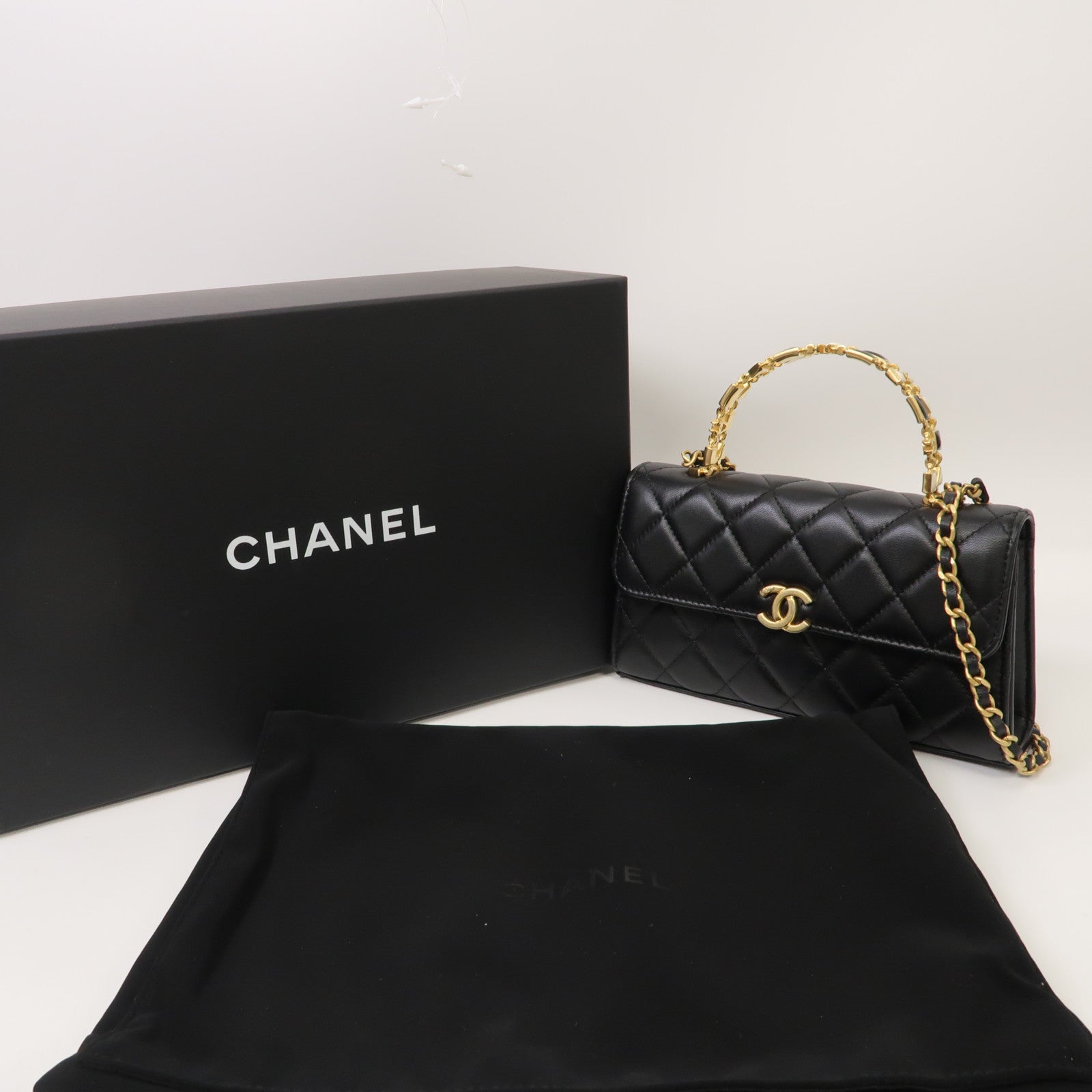 CHANEL 菱格羊皮皮革Kelly Top Handle金扣手挽肩背兩用袋黑色