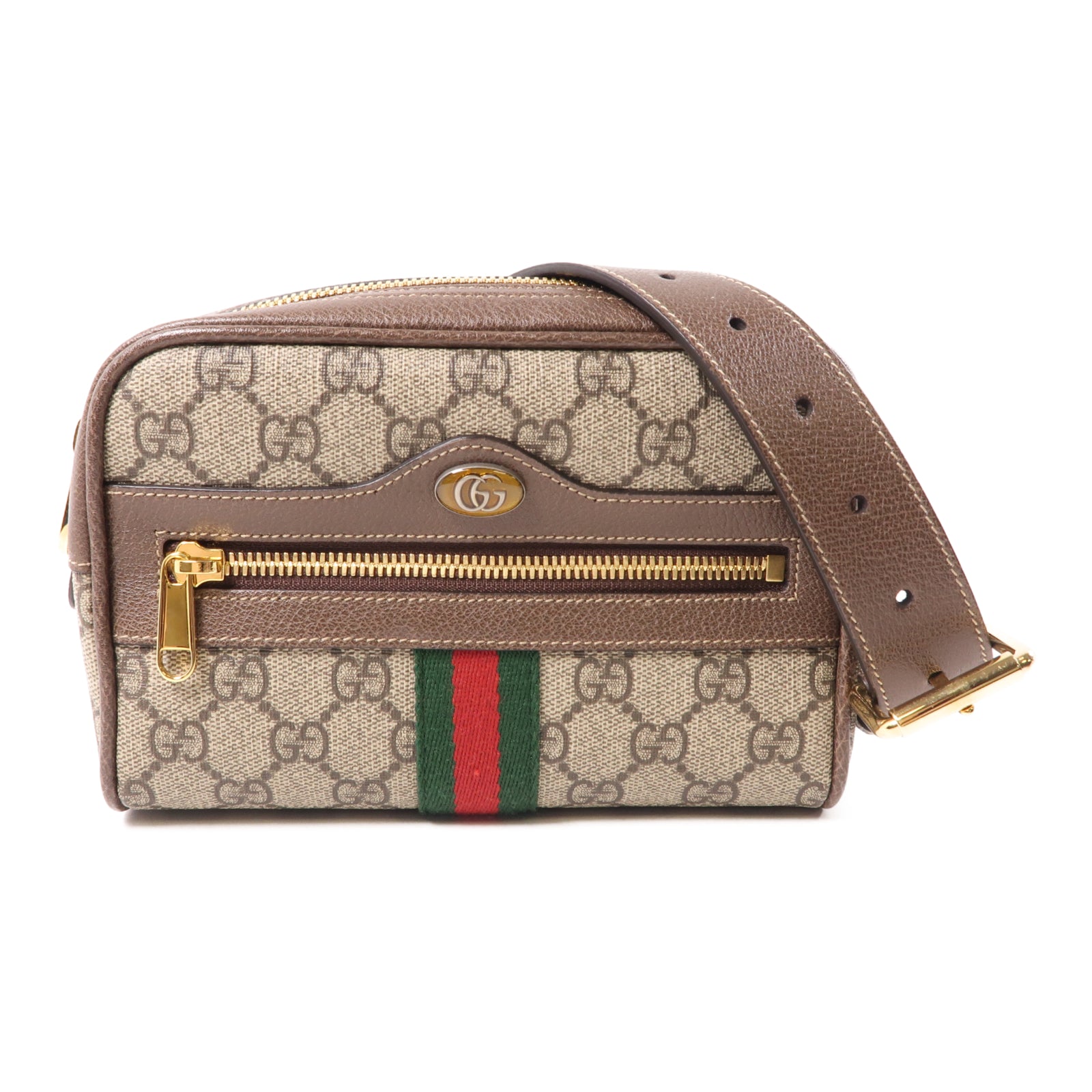 GUCCI 塗層帆布Ophidia GG金扣腰包棕色