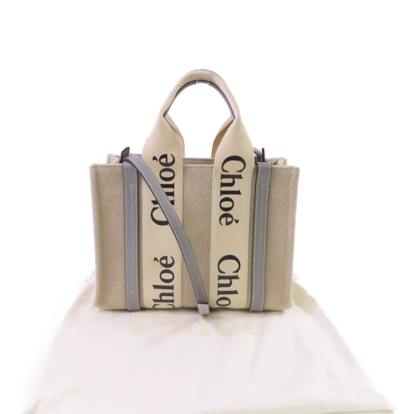 Chloe 帆布Mini Woody Tote 2Way Shoulder Bag手挽肩背兩用袋杏色/淺藍色