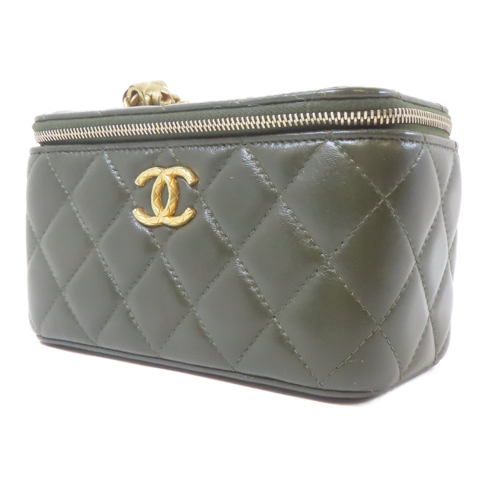 CHANEL 菱格羊皮皮革Vanity Bag金扣鏈帶肩背袋綠色