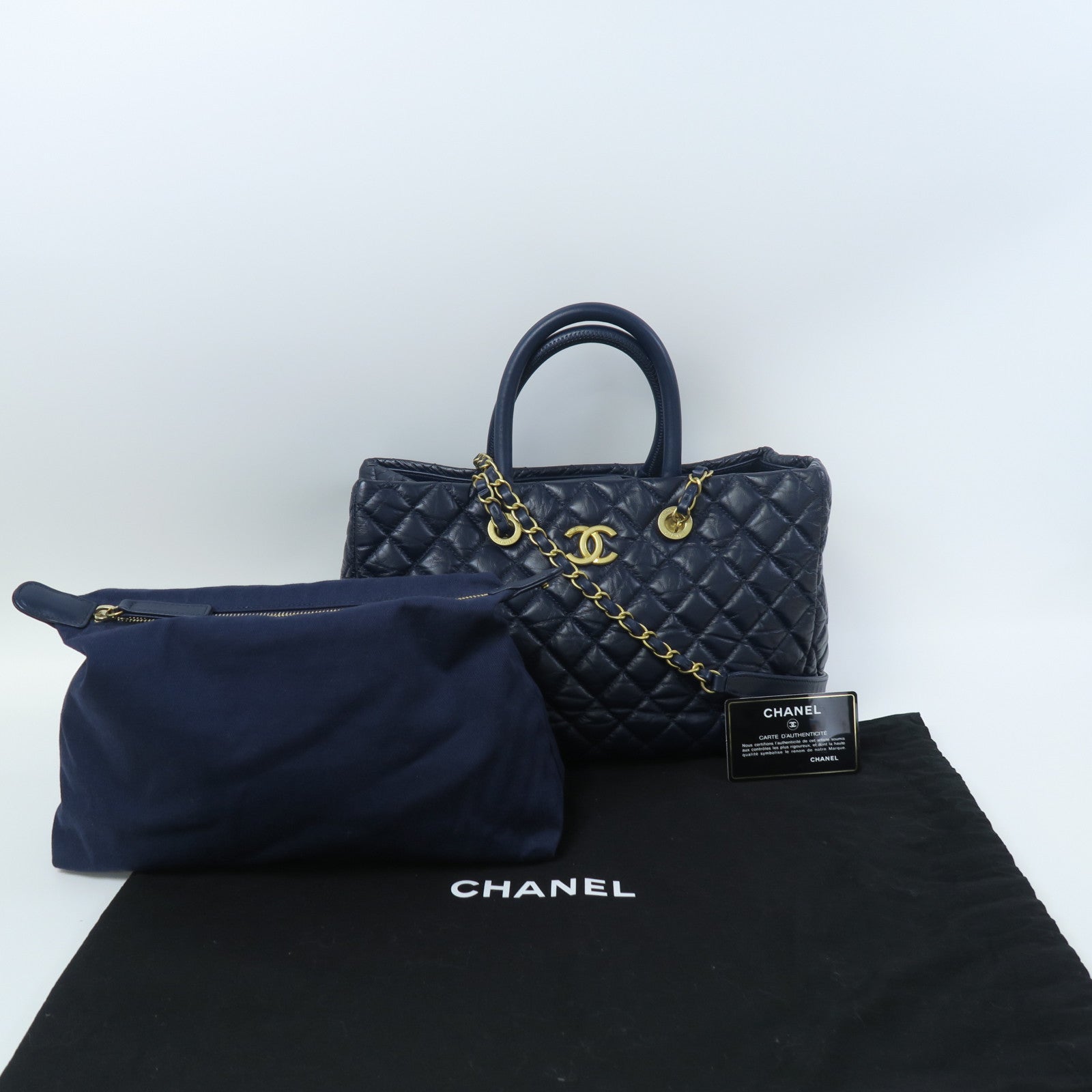 CHANEL 【激減優惠】菱格牛皮皮革Shoulder Tote金扣手挽肩背兩用袋藍色