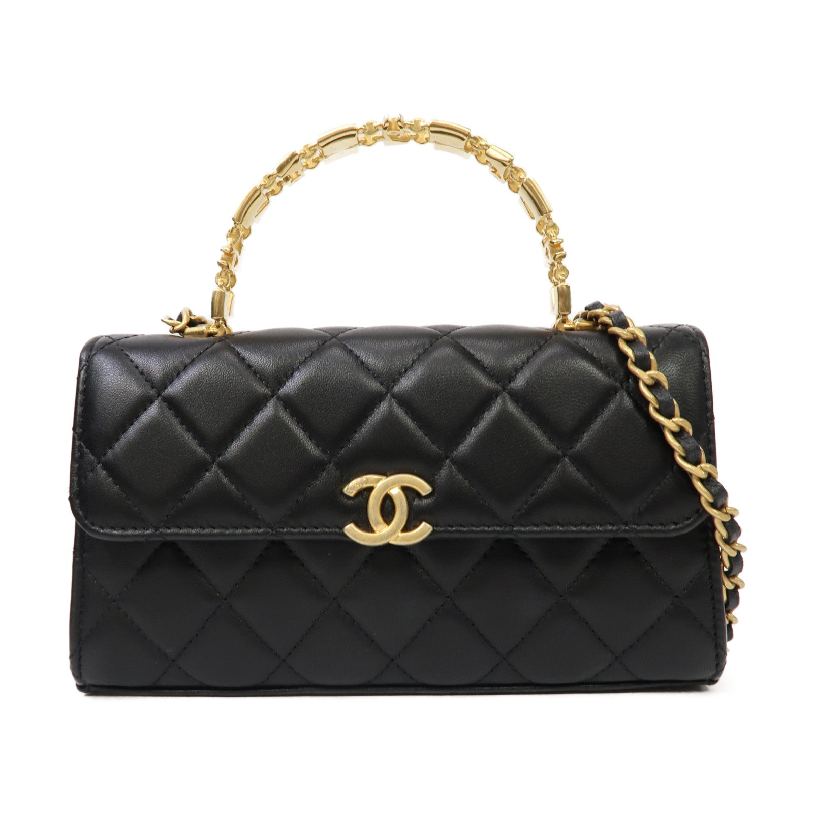 CHANEL 菱格羊皮皮革Kelly Top Handle金扣手挽肩背兩用袋黑色