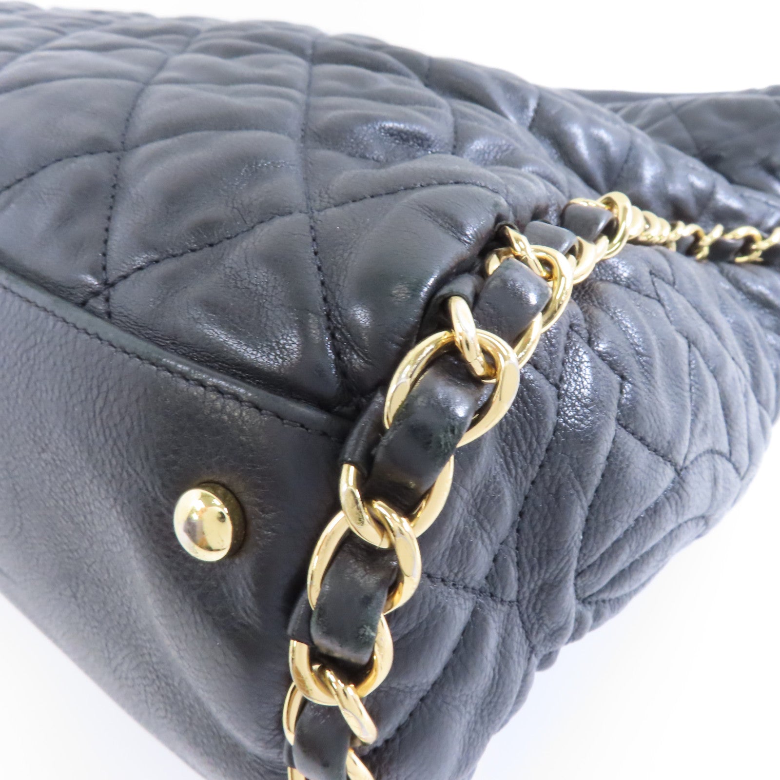 CHANEL 菱格牛皮皮革Shoulder Bag金扣鏈帶肩背袋黑色