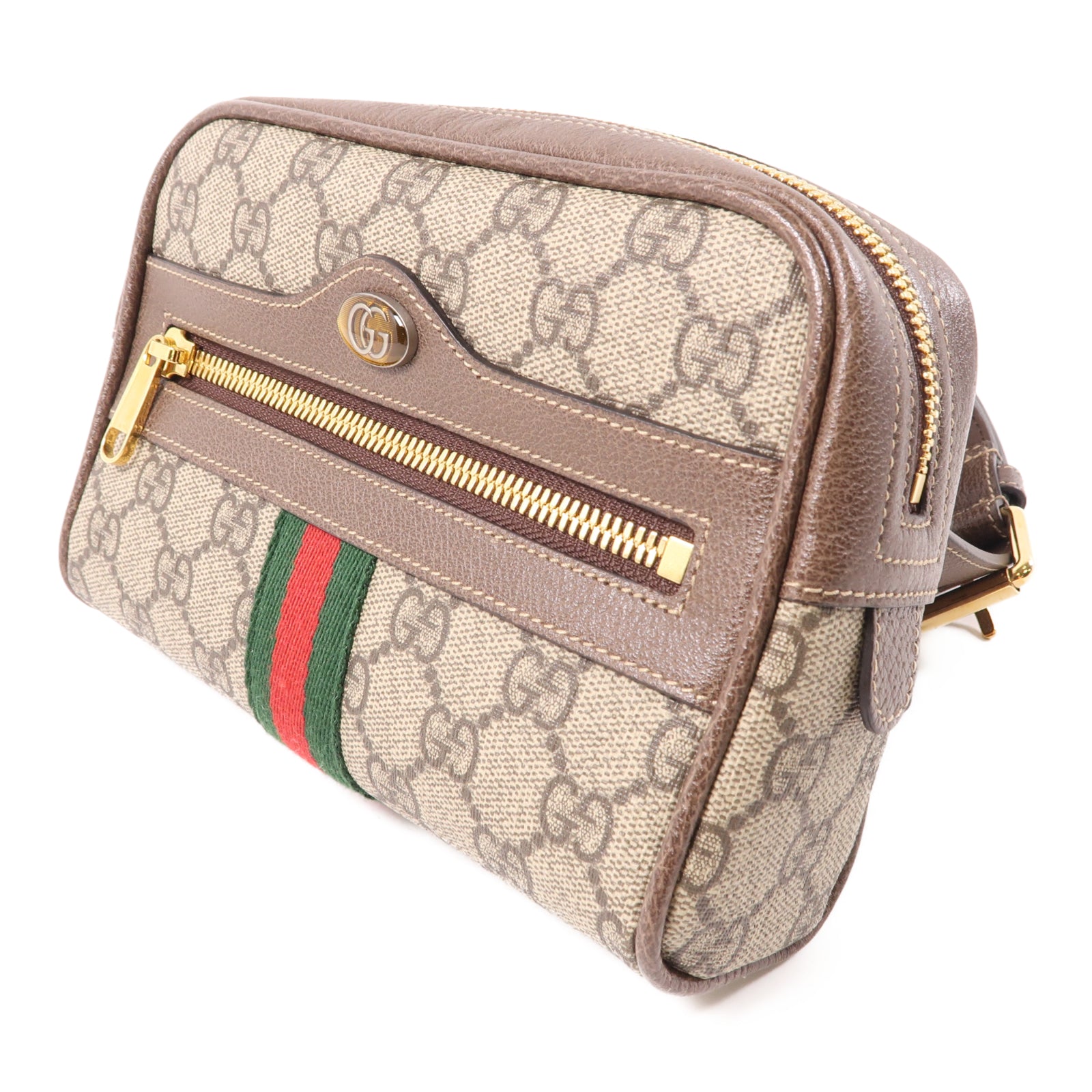 GUCCI 塗層帆布Ophidia GG金扣腰包棕色