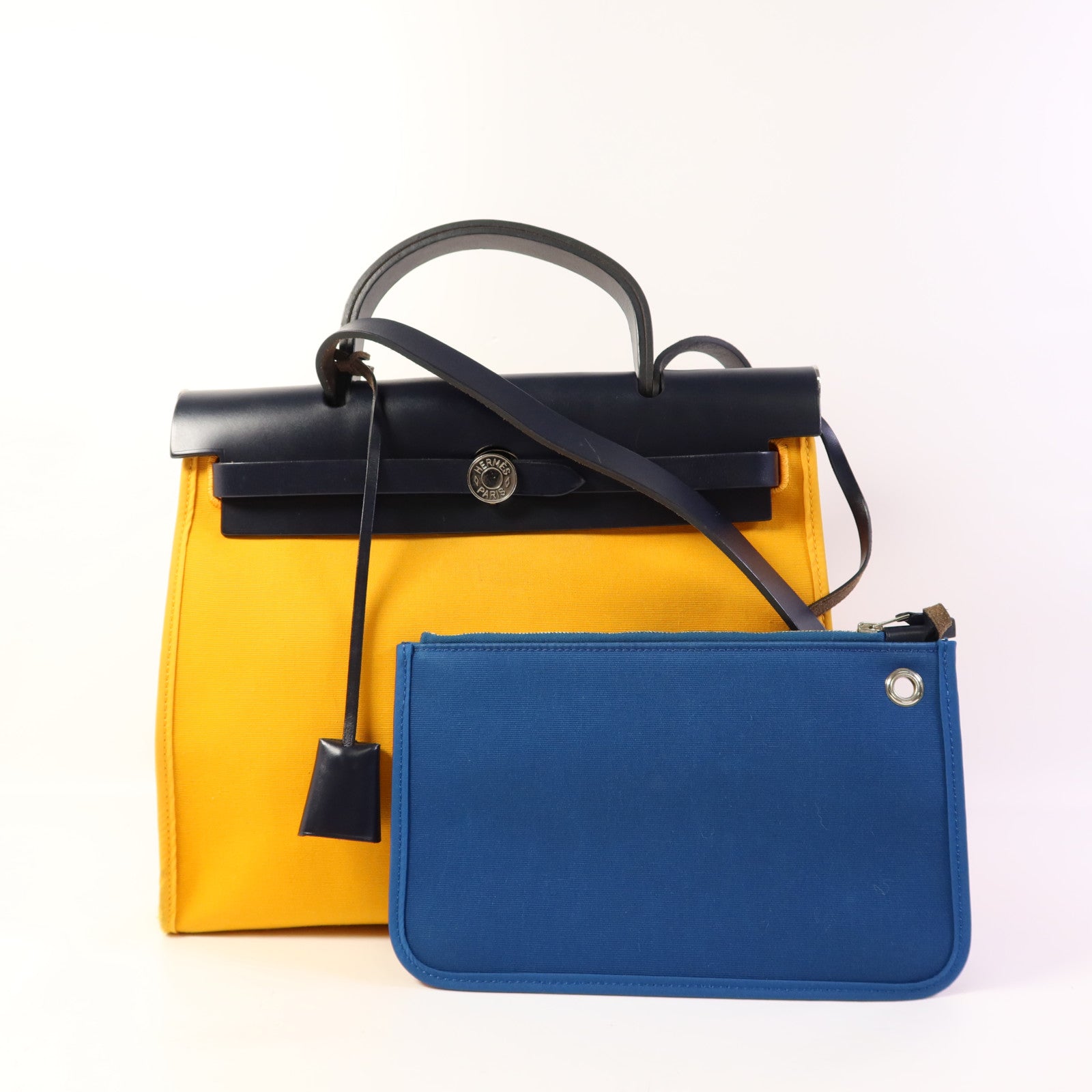 HERMES 帆布Herbag PM銀扣手挽肩背兩用袋Jaune d'Or