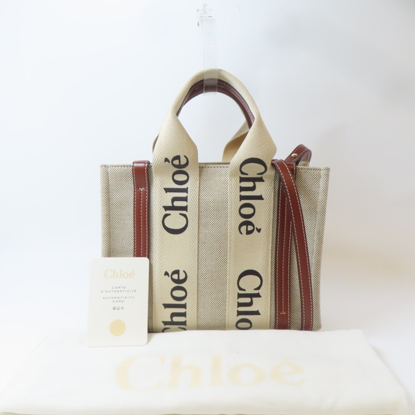 Chloe 帆布Woody Tote Bag銀扣手挽肩背兩用袋米色/啡色