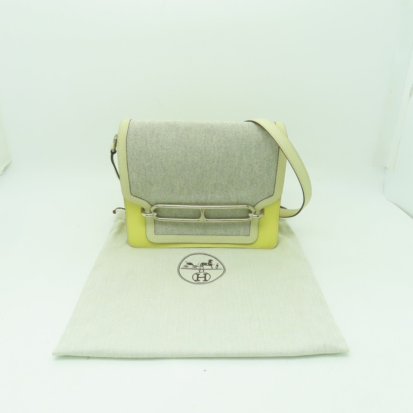 HERMES 【清倉大減價】Evercolor皮革/Toile H Roulis 23銀扣肩背袋黃色/灰色