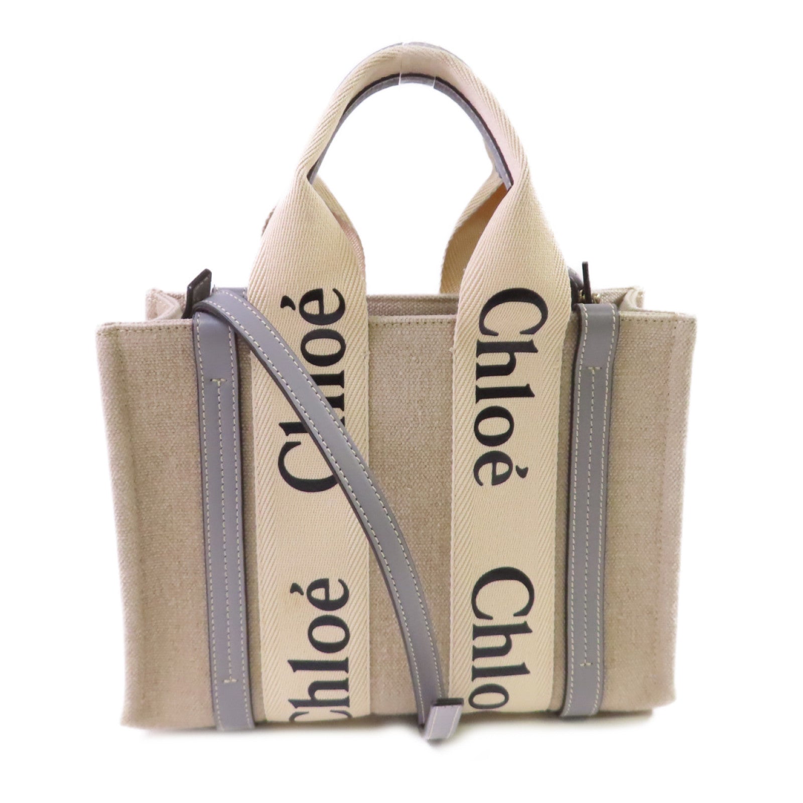 Chloe 帆布Mini Woody Tote 2Way Shoulder Bag手挽肩背兩用袋杏色/淺藍色