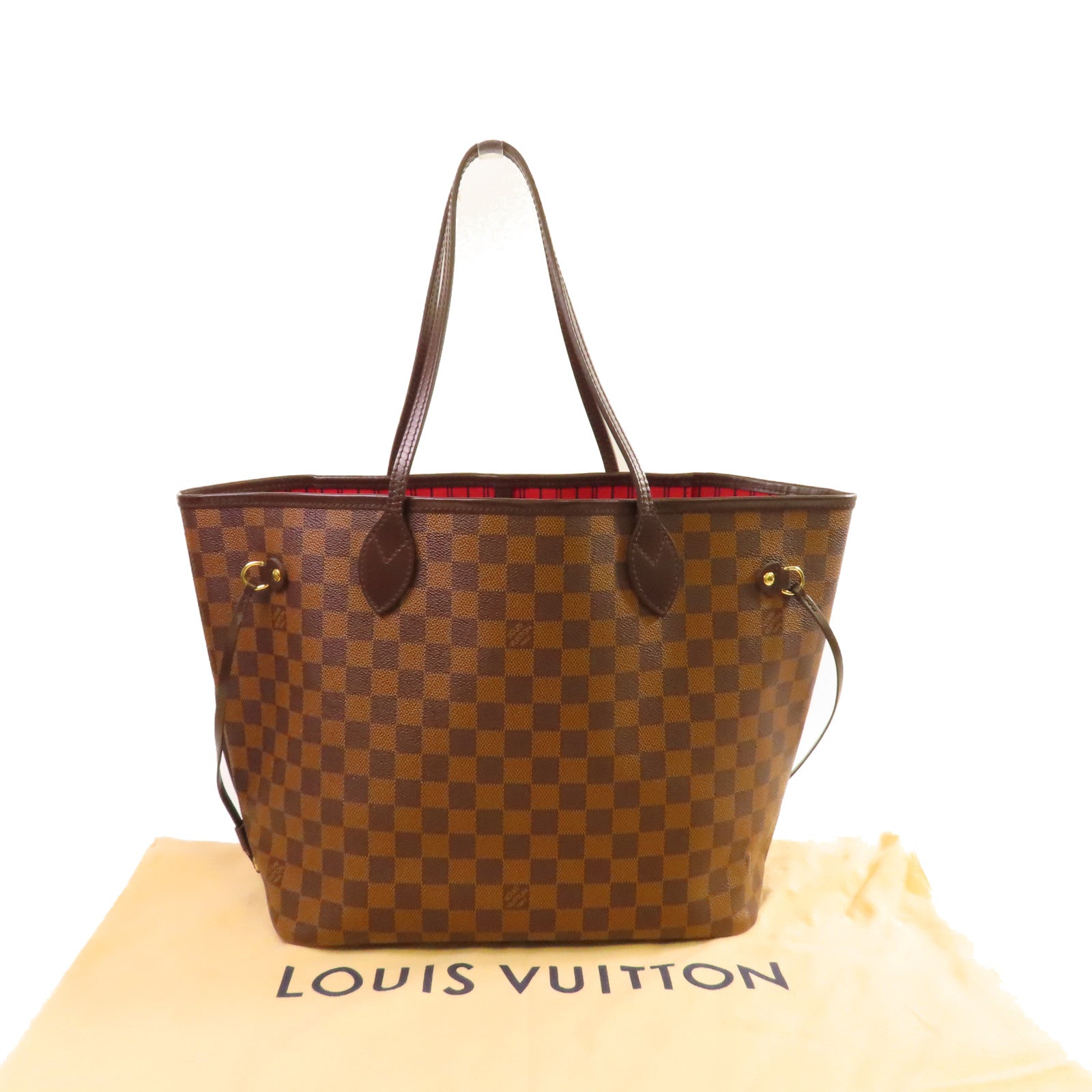 LOUIS VUITTON 【激減優惠】Damier Ebene Neverfull MM Tote Bag金扣肩背袋啡色/紅色