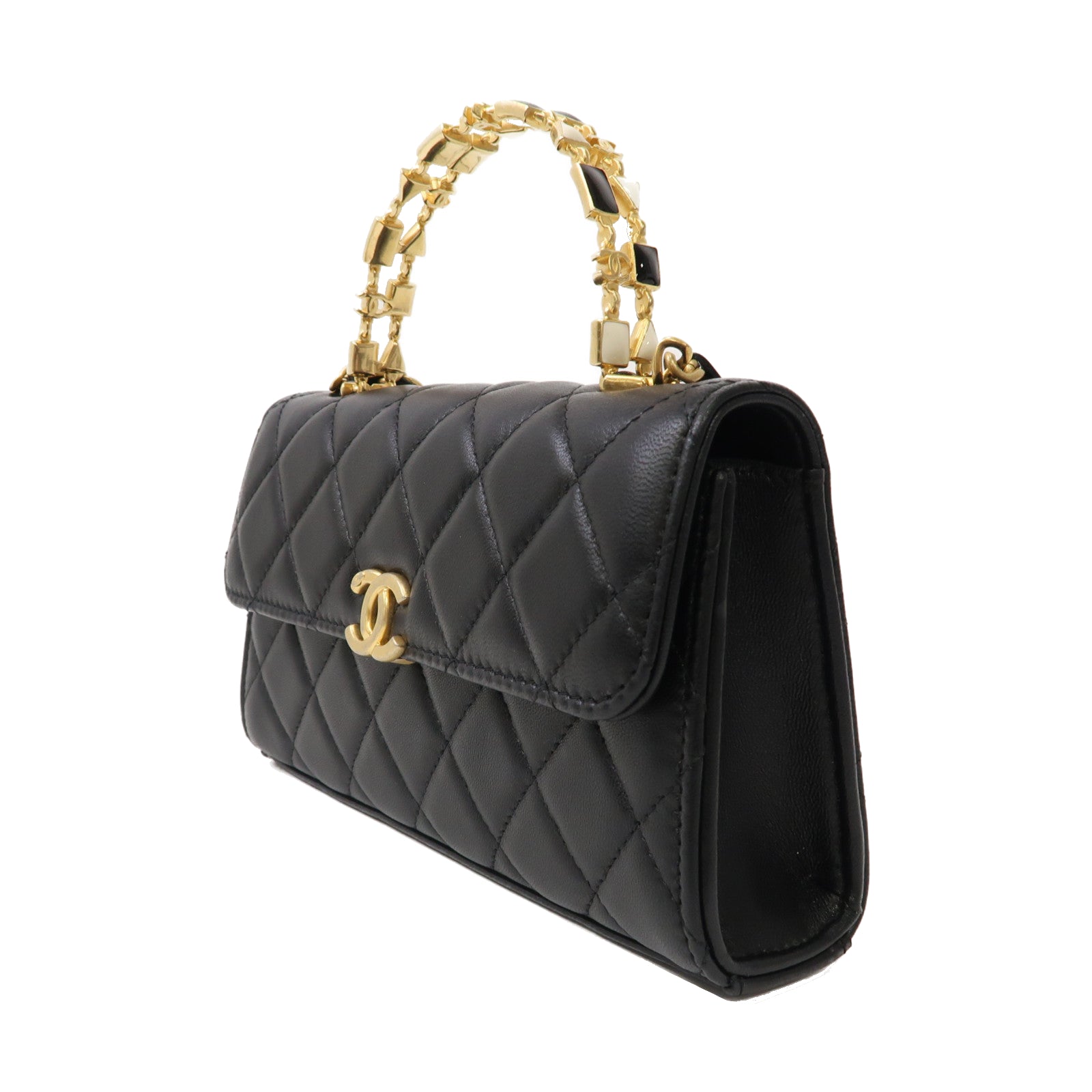 CHANEL 菱格羊皮皮革Kelly Top Handle金扣手挽肩背兩用袋黑色